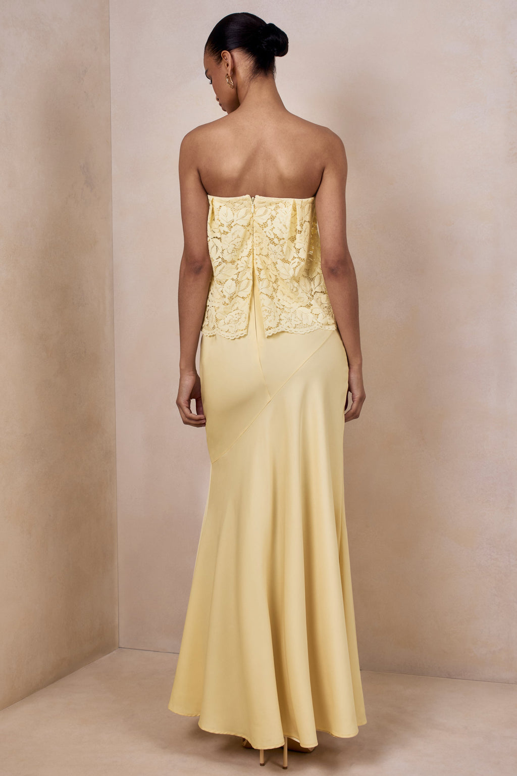 Clemency | Lemon Lace And Matte Satin Bandeau Maxi Dress
