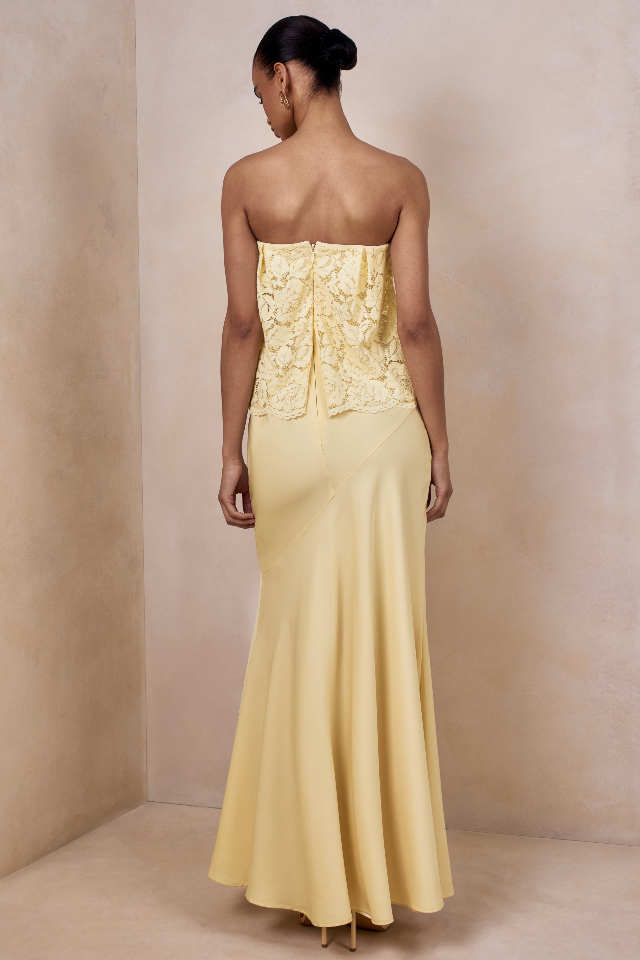Clemency | Lemon Lace And Matte Satin Bandeau Maxi Dress