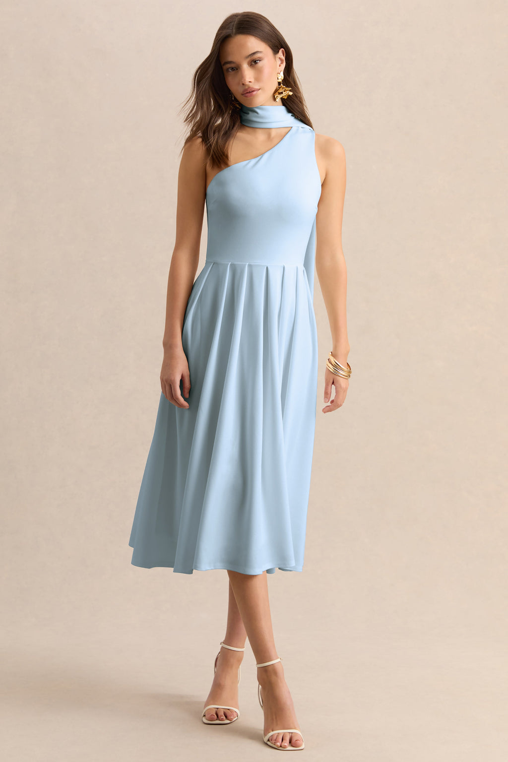 Odette | Powder Blue Asymmetric-Neck Midi Dress With Scarf