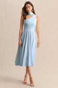 Odette | Powder Blue Asymmetric-Neck Midi Dress With Scarf