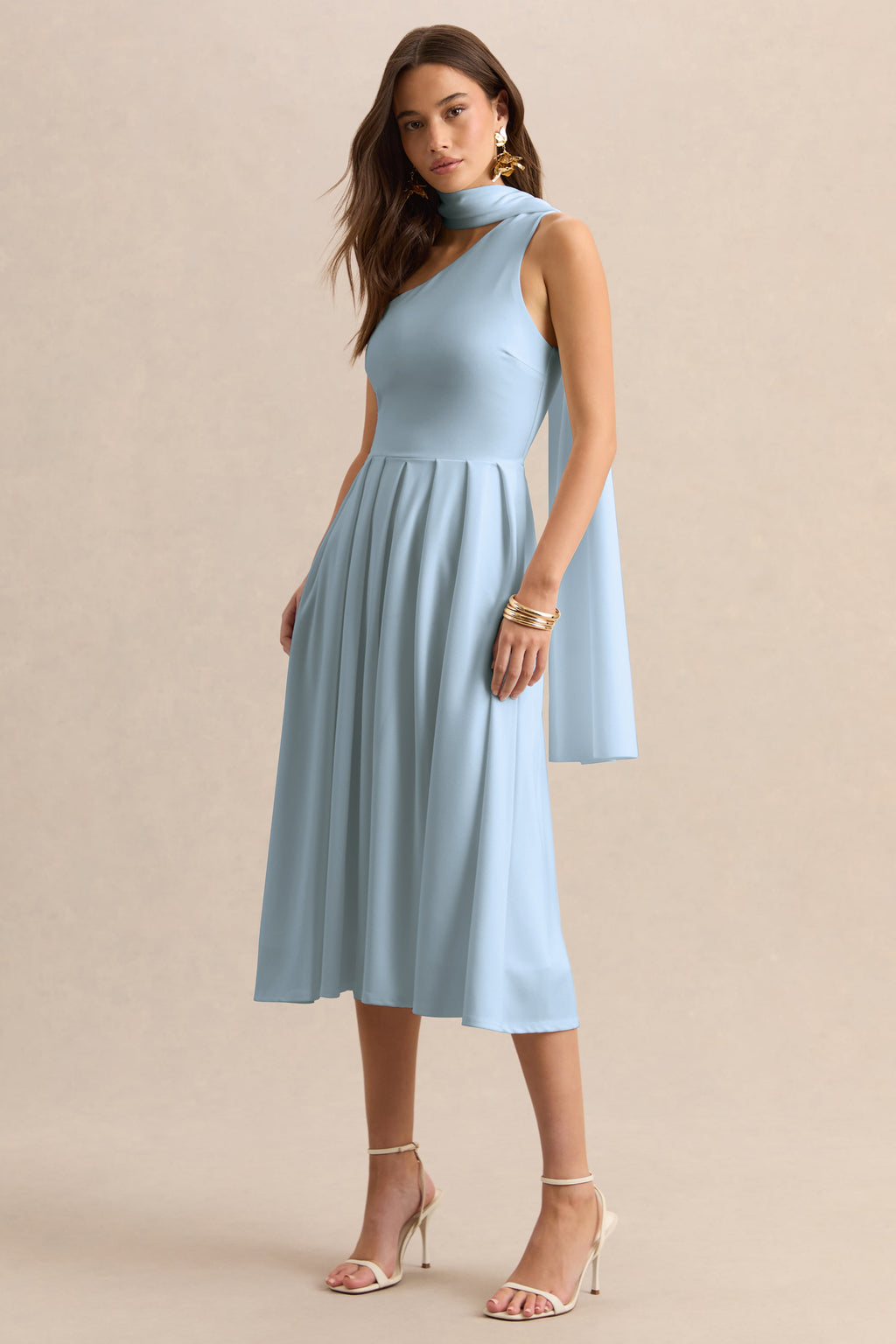 Odette | Powder Blue Asymmetric-Neck Midi Dress With Scarf