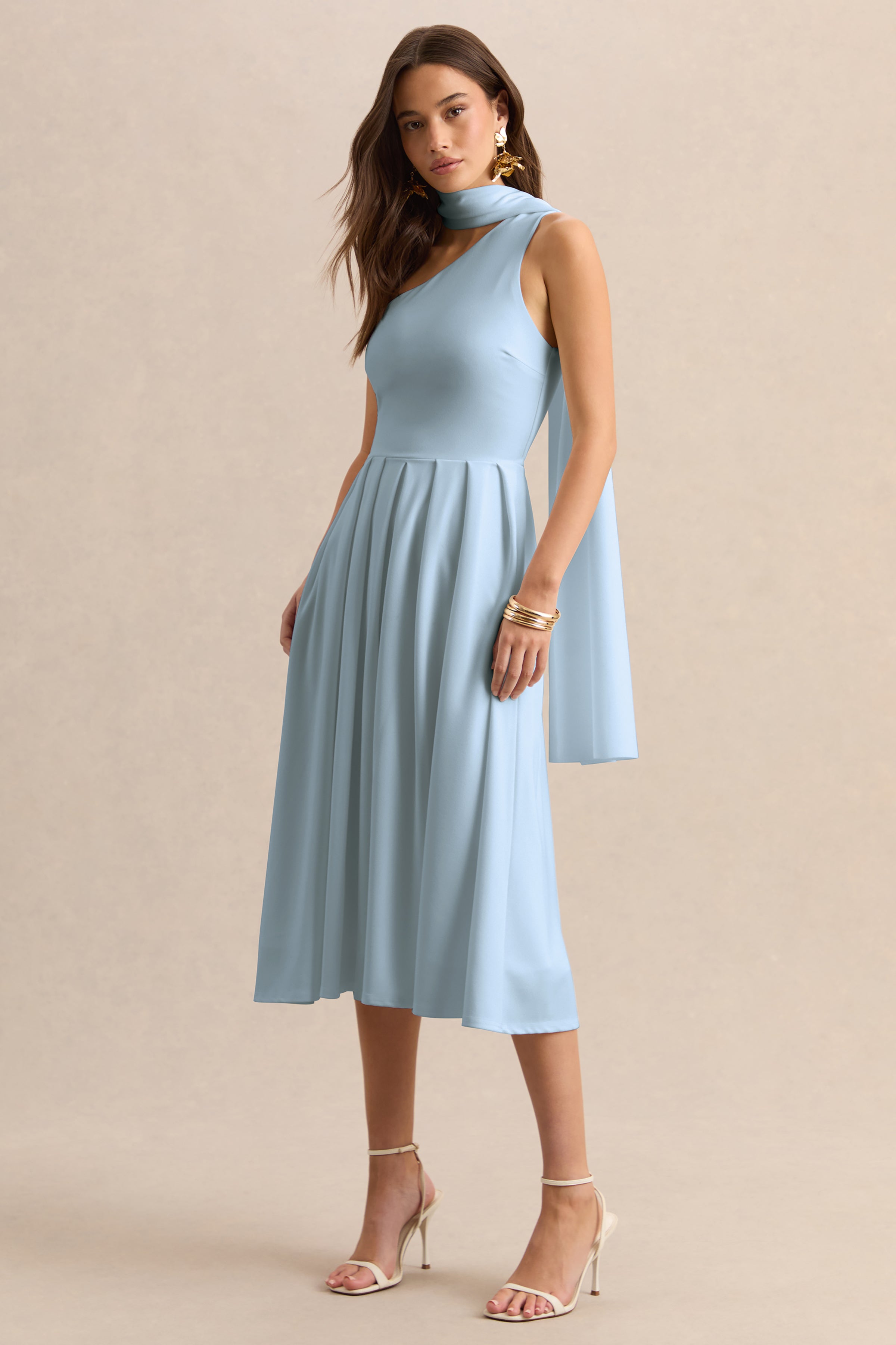 Odette | Powder Blue Asymmetric-Neck Midi Dress With Scarf