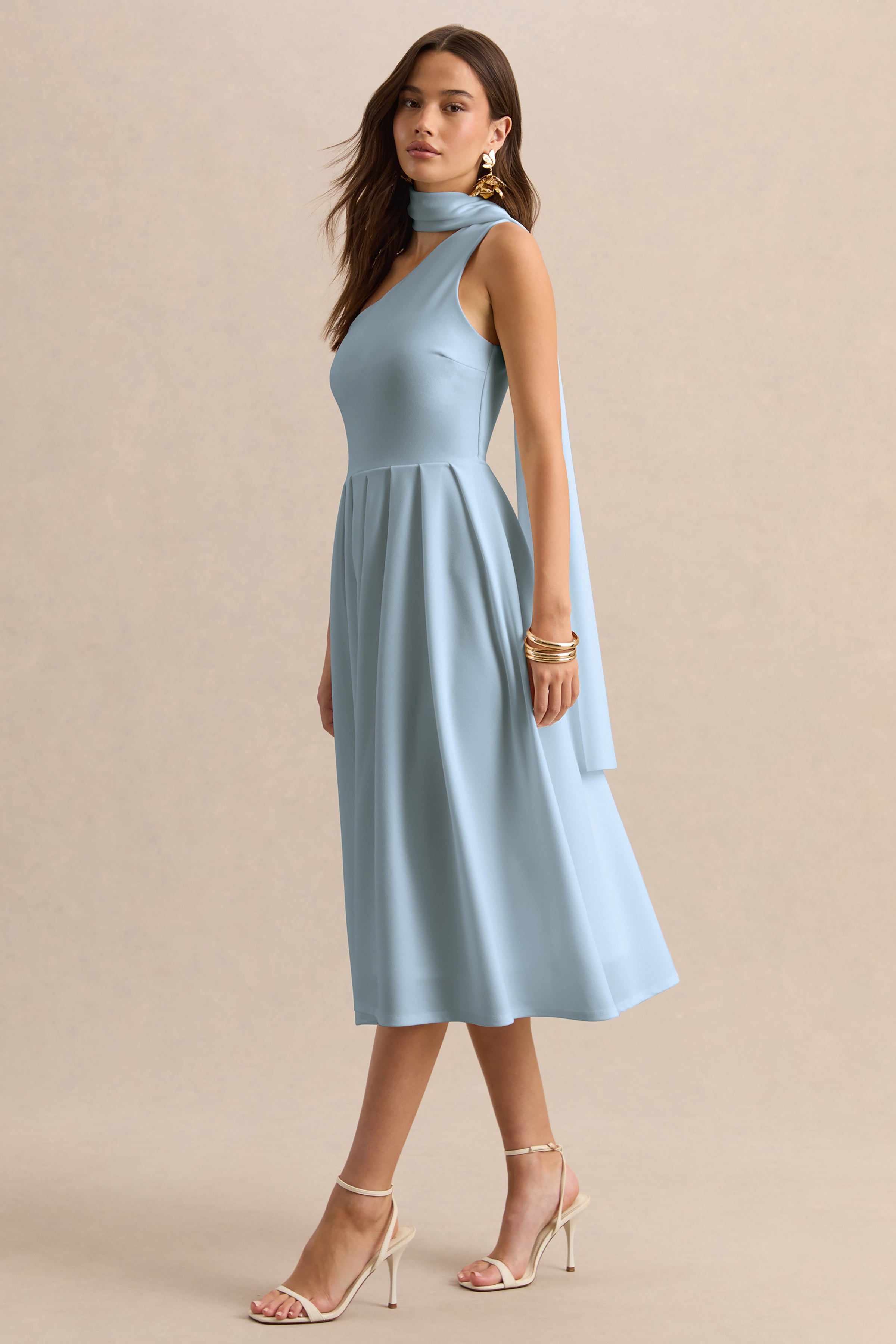 Odette | Powder Blue Asymmetric-Neck Midi Dress With Scarf