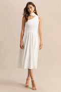 Odette | White Asymmetric-Neck Midi Dress With Scarf