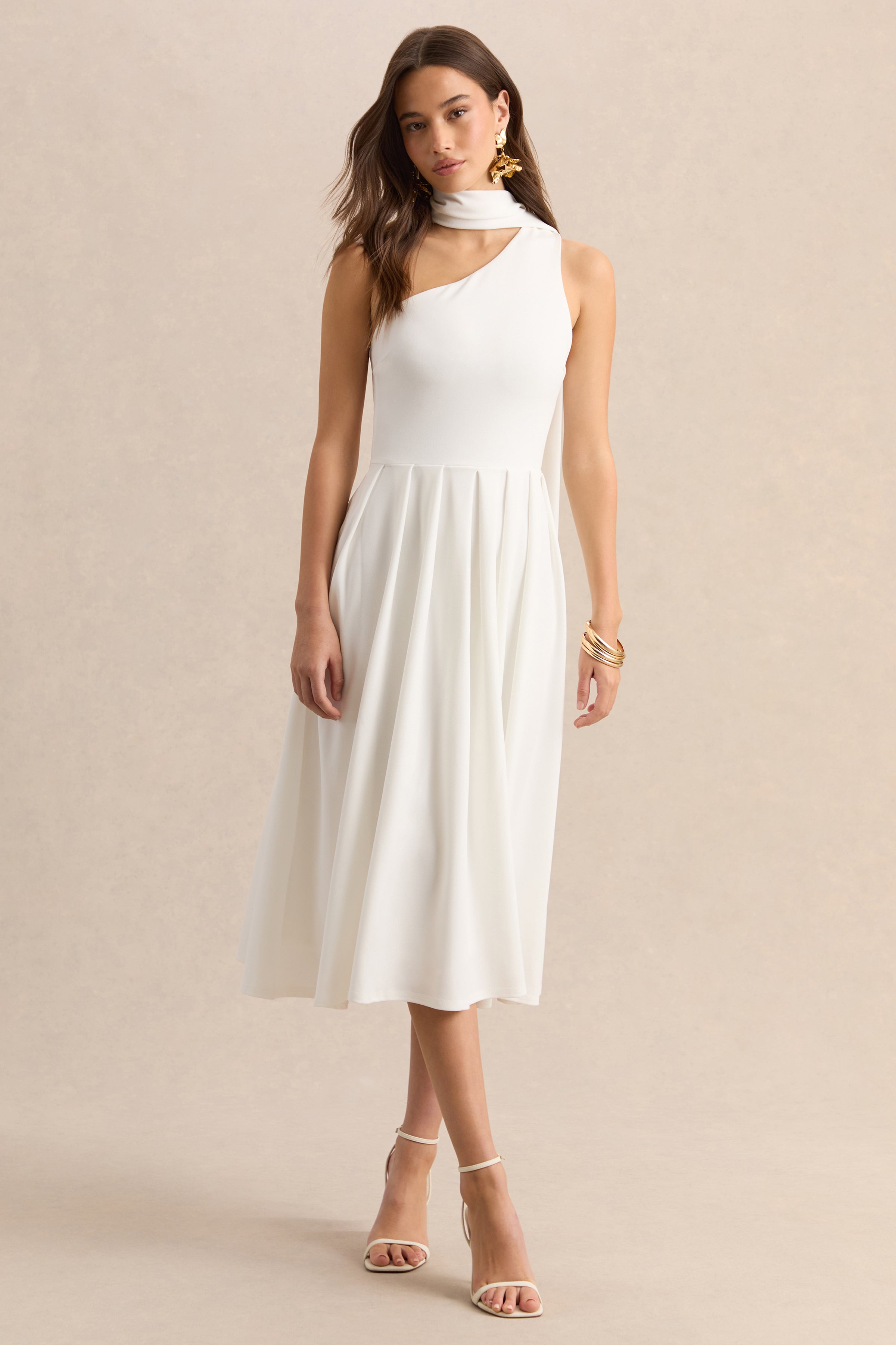 Odette | White Asymmetric-Neck Midi Dress With Scarf