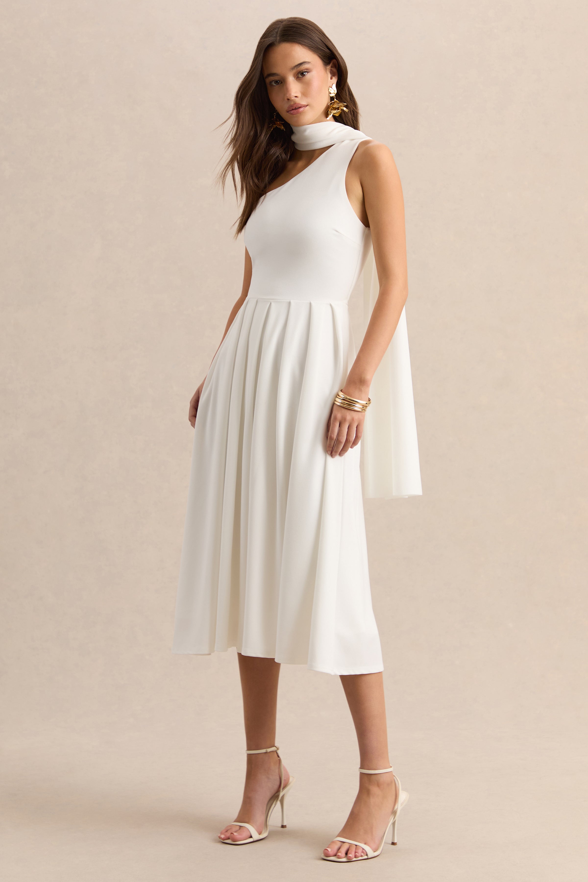 Odette | White Asymmetric-Neck Midi Dress With Scarf