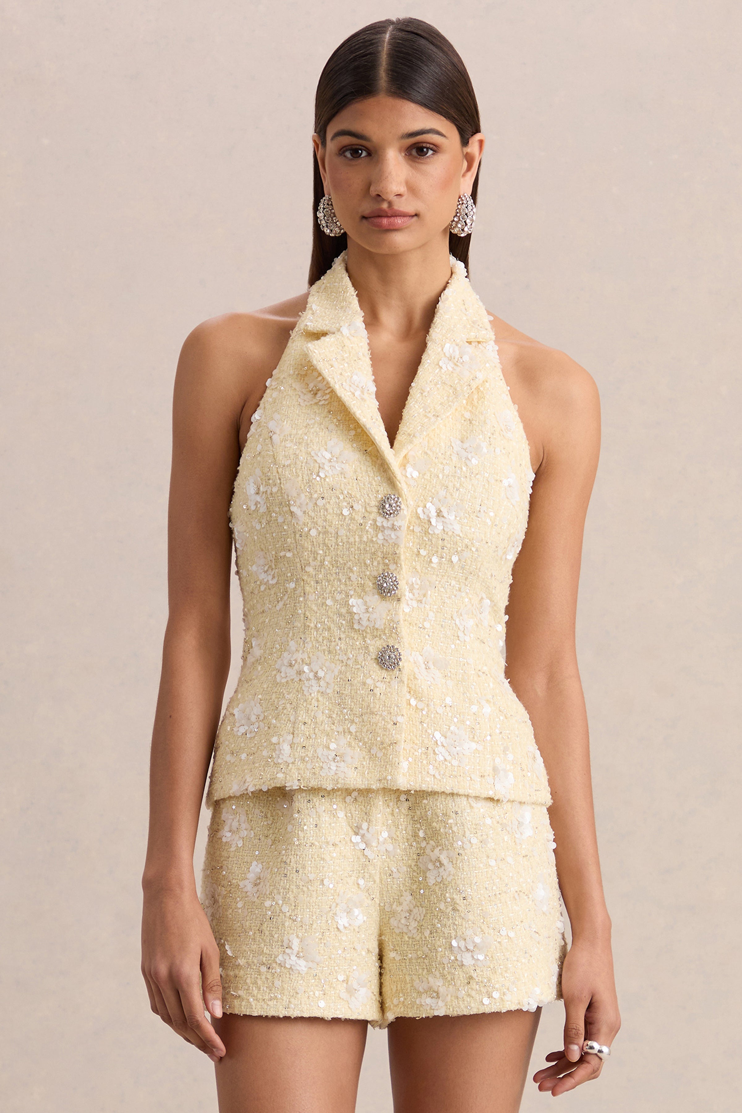 Alba | Lemon Boucle Plunge-Neck Crop-Top