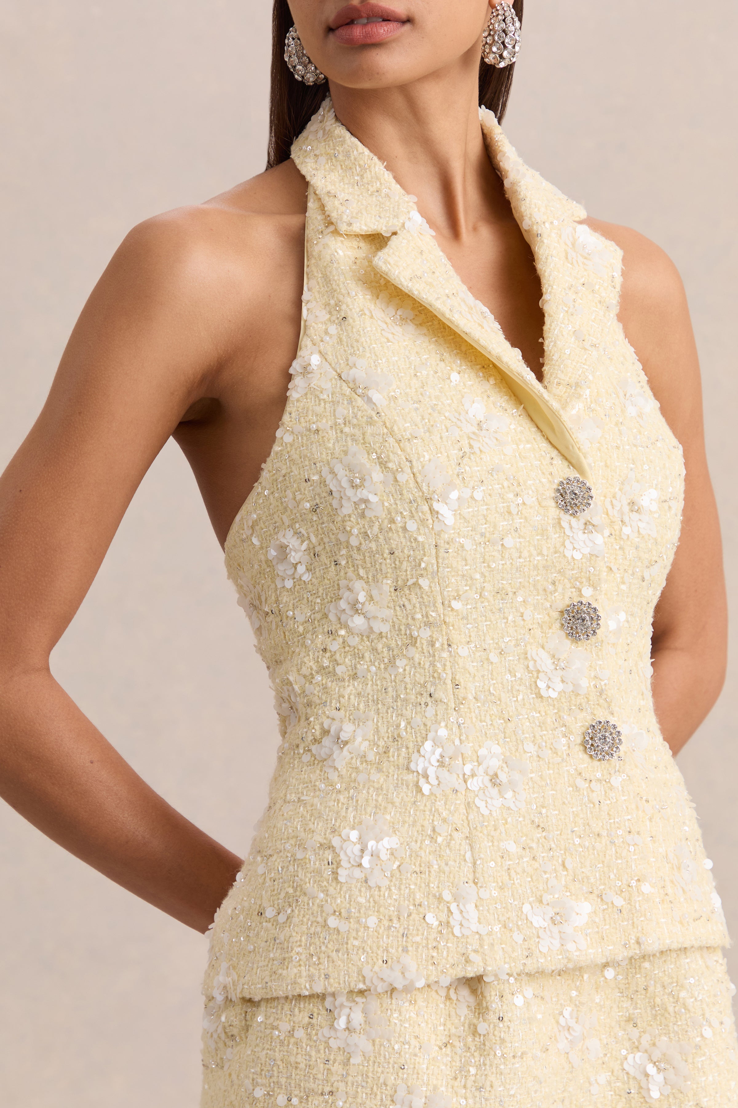 Alba | Lemon Boucle Plunge-Neck Crop-Top