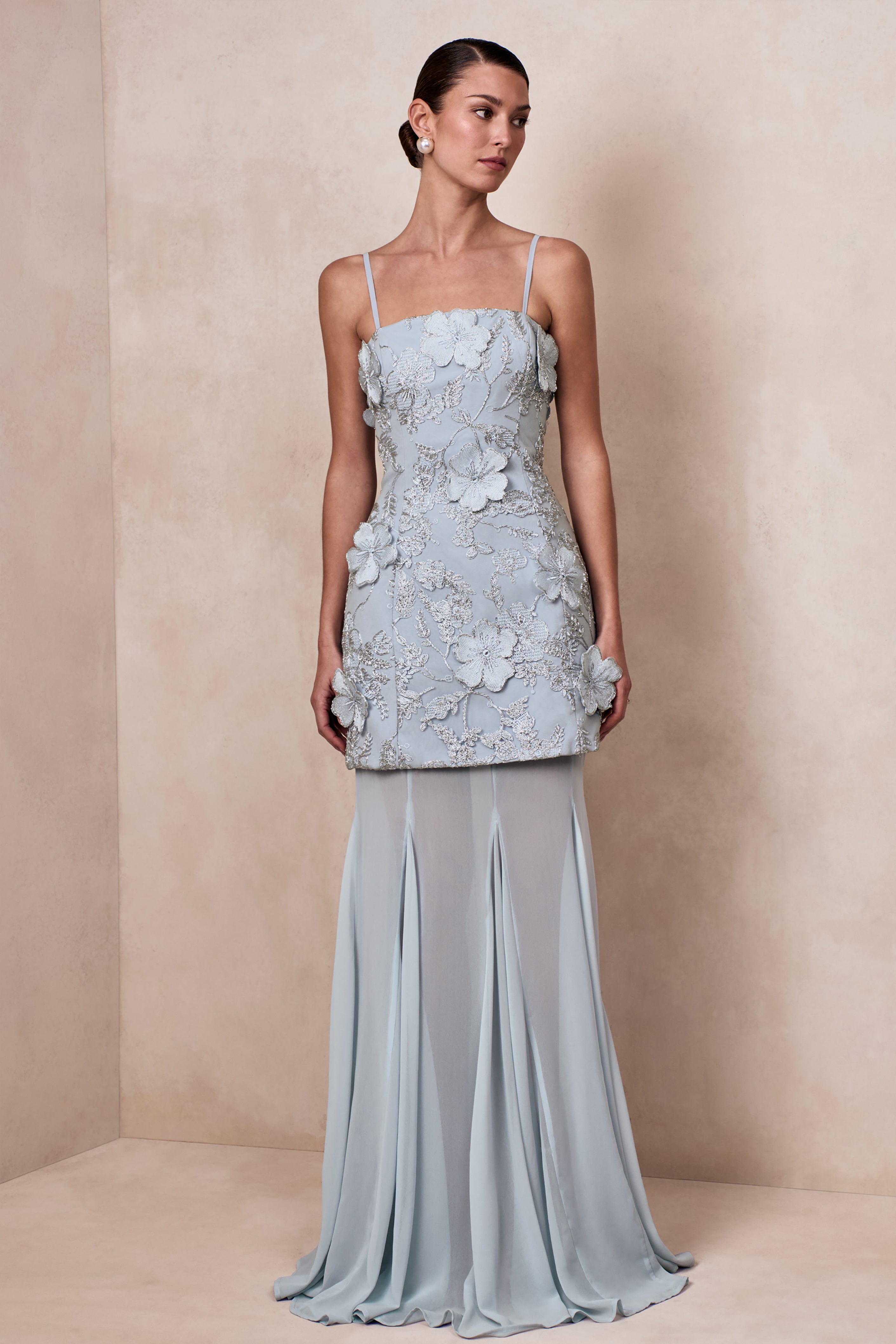 Nessa | Light Blue 3D Floral Square-Neck Maxi Dress With Sheer Skirt