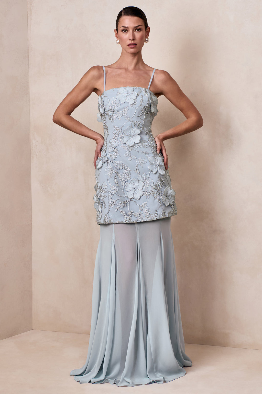 Nessa | Light Blue 3D Floral Square-Neck Maxi Dress With Sheer Skirt