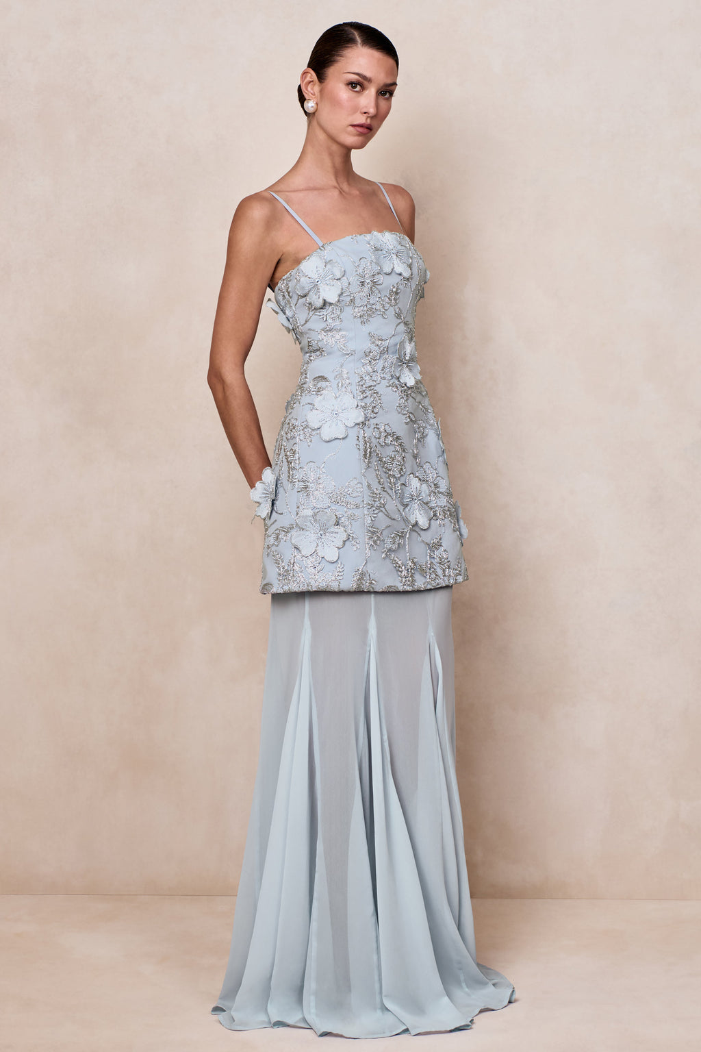 Nessa | Light Blue 3D Floral Square-Neck Maxi Dress With Sheer Skirt