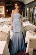 Nessa | Light Blue 3D Floral Square-Neck Maxi Dress With Sheer Skirt