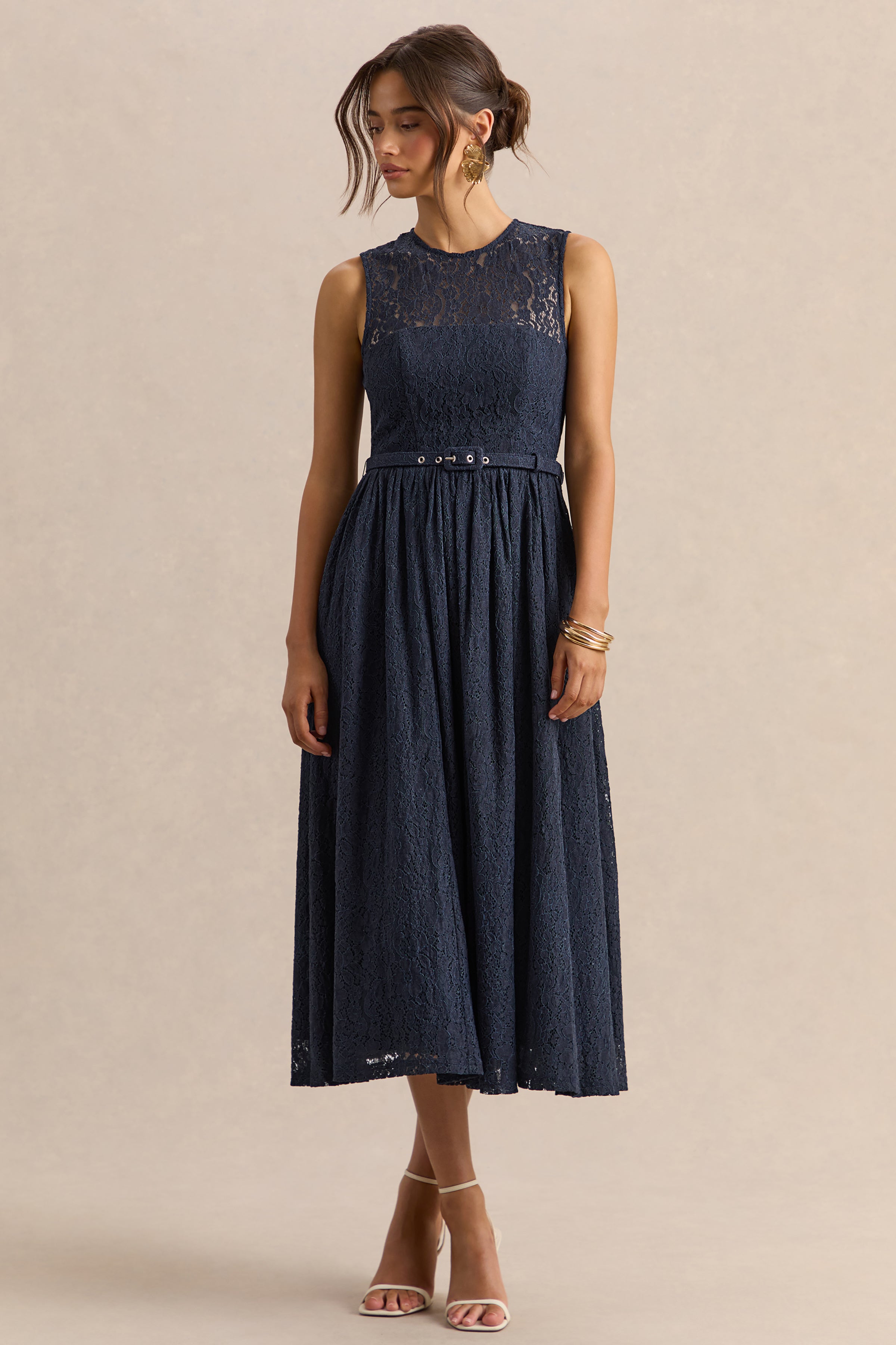 Anabella | Navy Lace Crew-Neck Belted Midi-Dress
