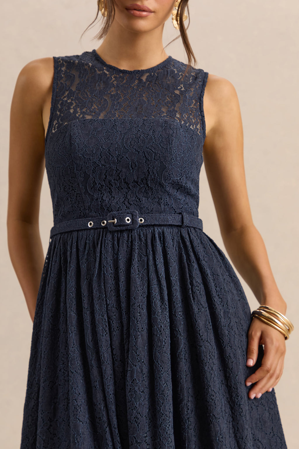Anabella | Navy Lace Crew-Neck Belted Midi-Dress