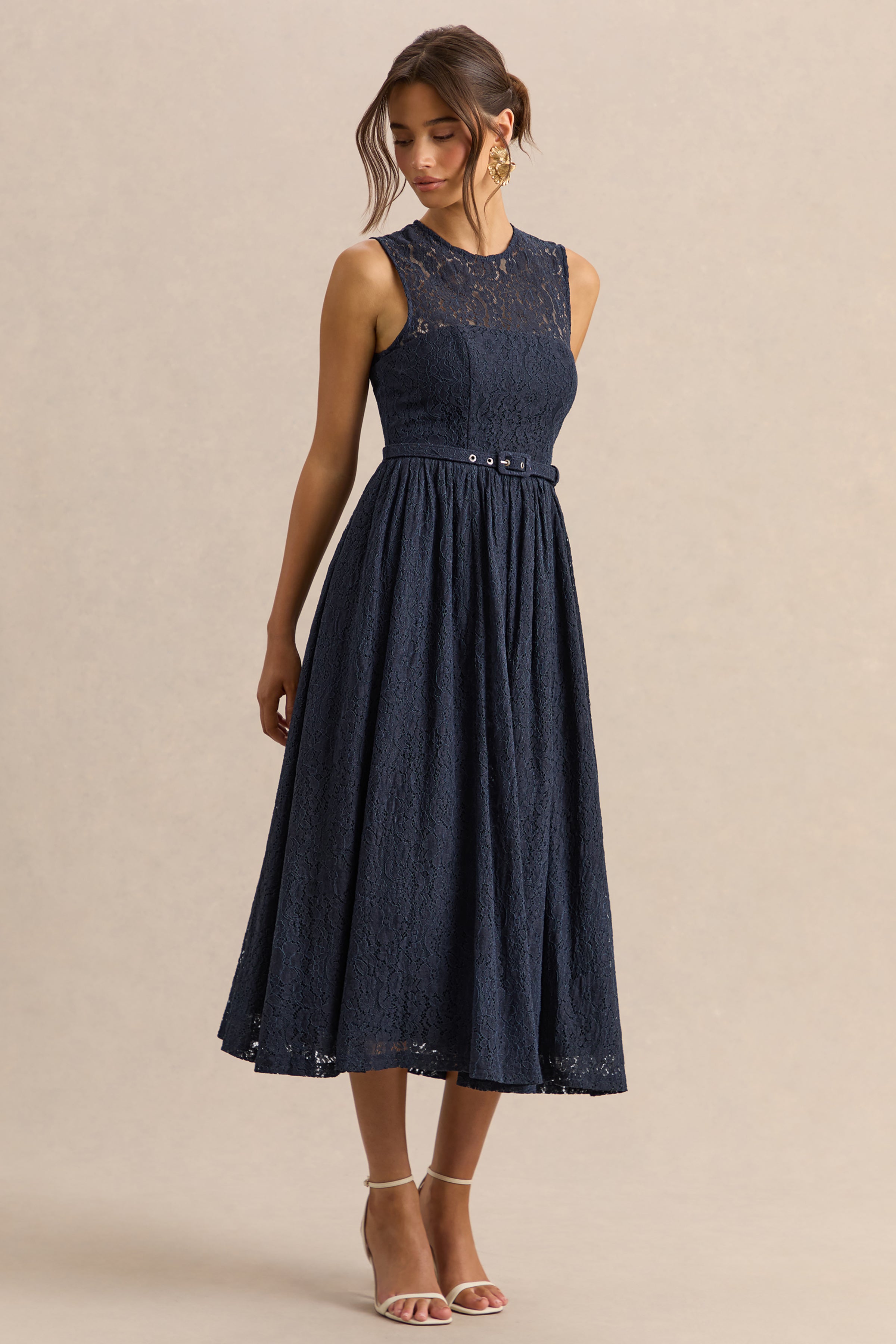 Anabella | Navy Lace Crew-Neck Belted Midi-Dress