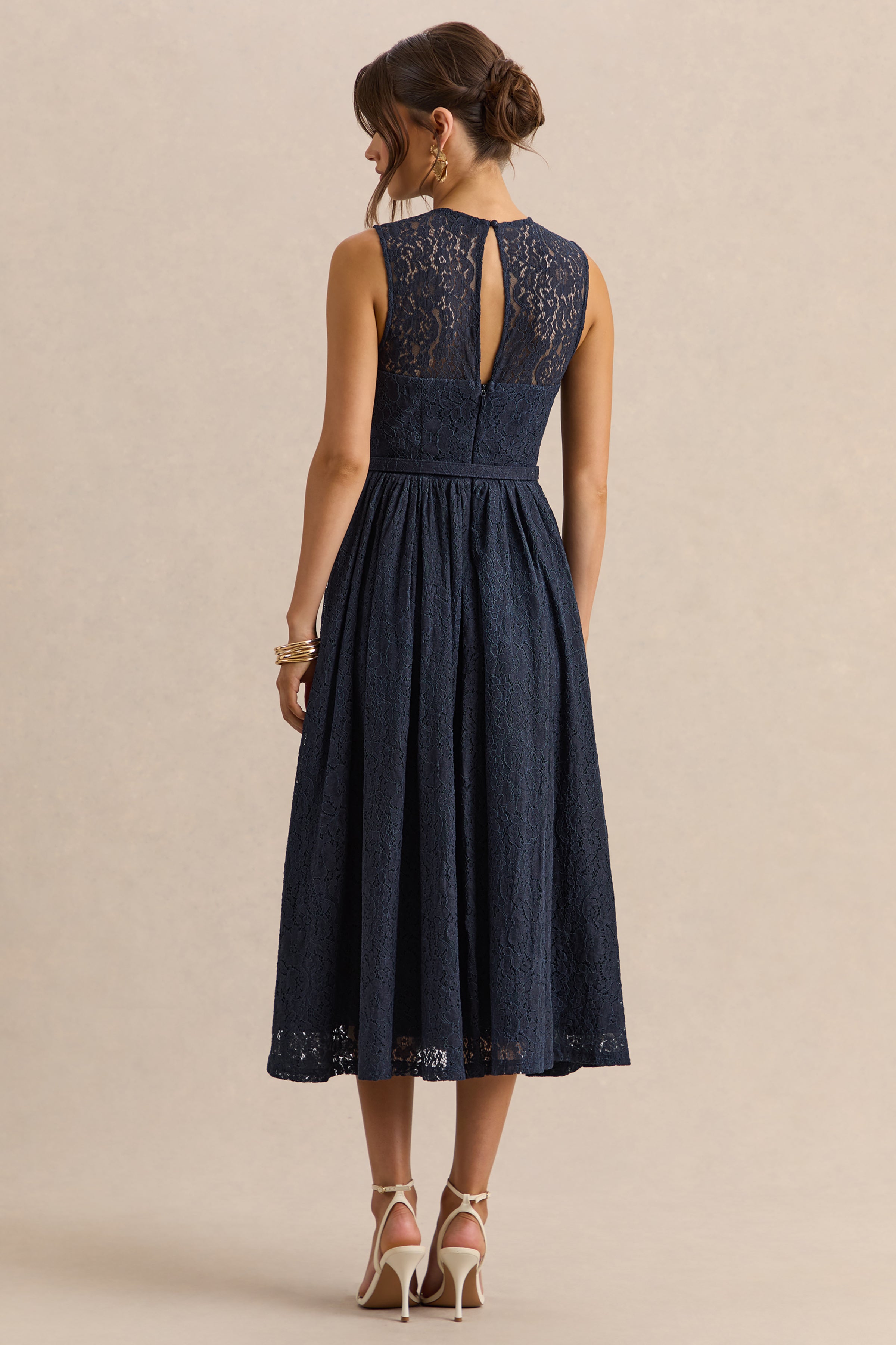 Anabella | Navy Lace Crew-Neck Belted Midi-Dress