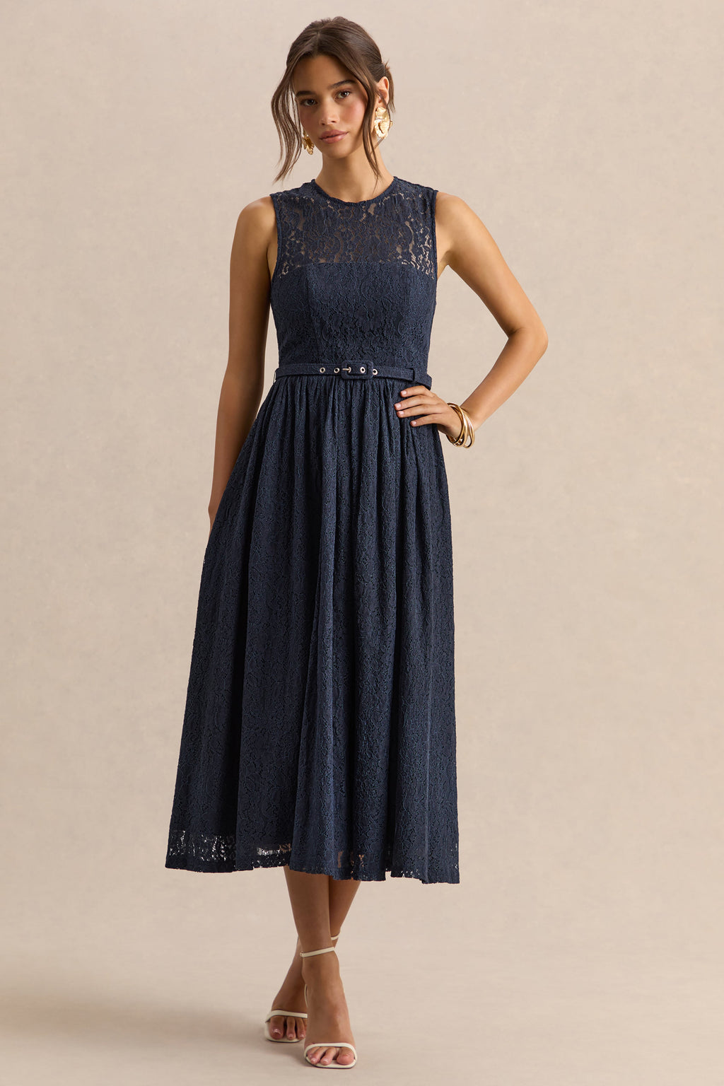 Anabella | Navy Lace Crew-Neck Belted Midi-Dress