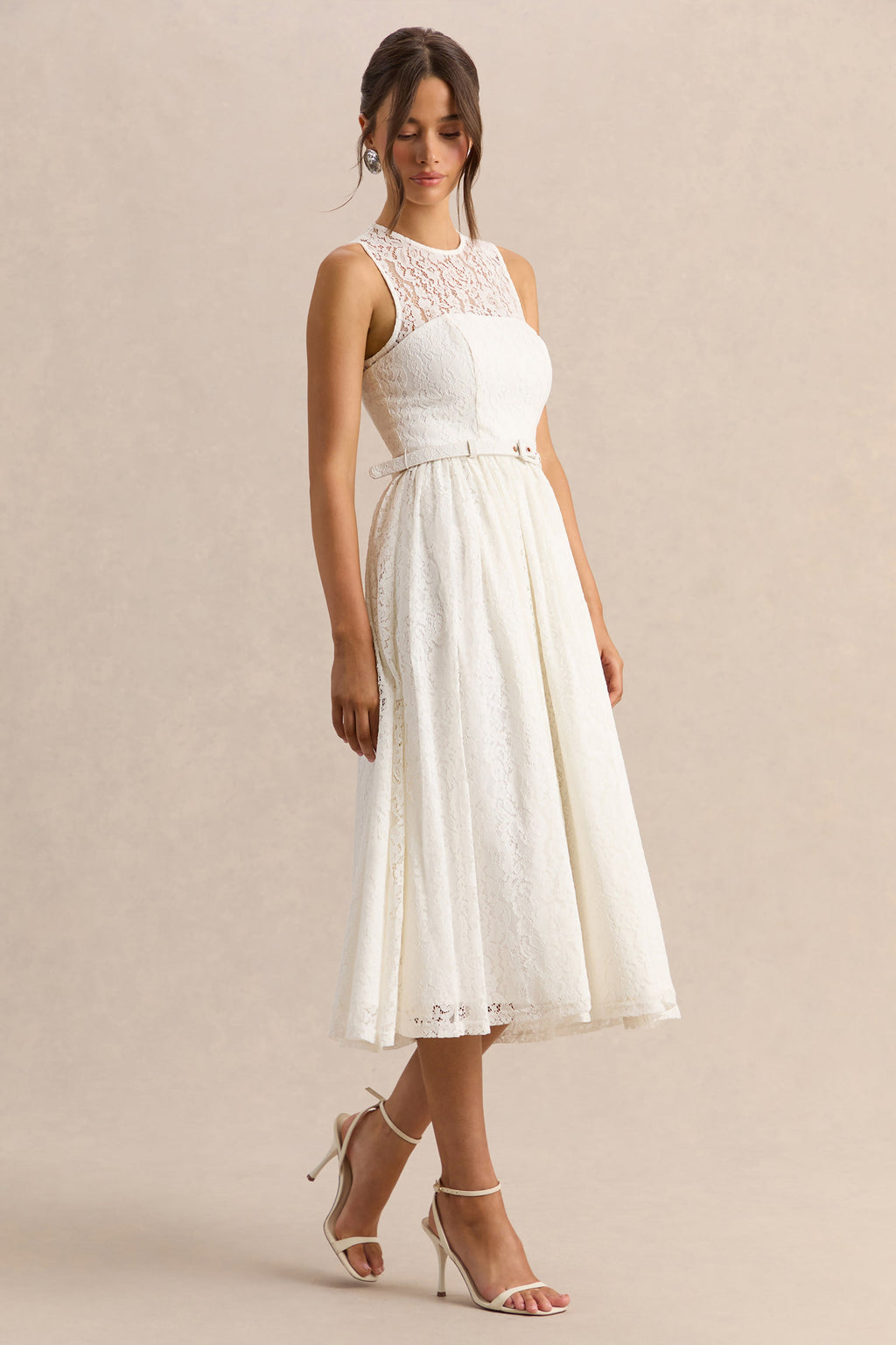 Anabella | White Lace Crew-Neck Belted Midi-Dress