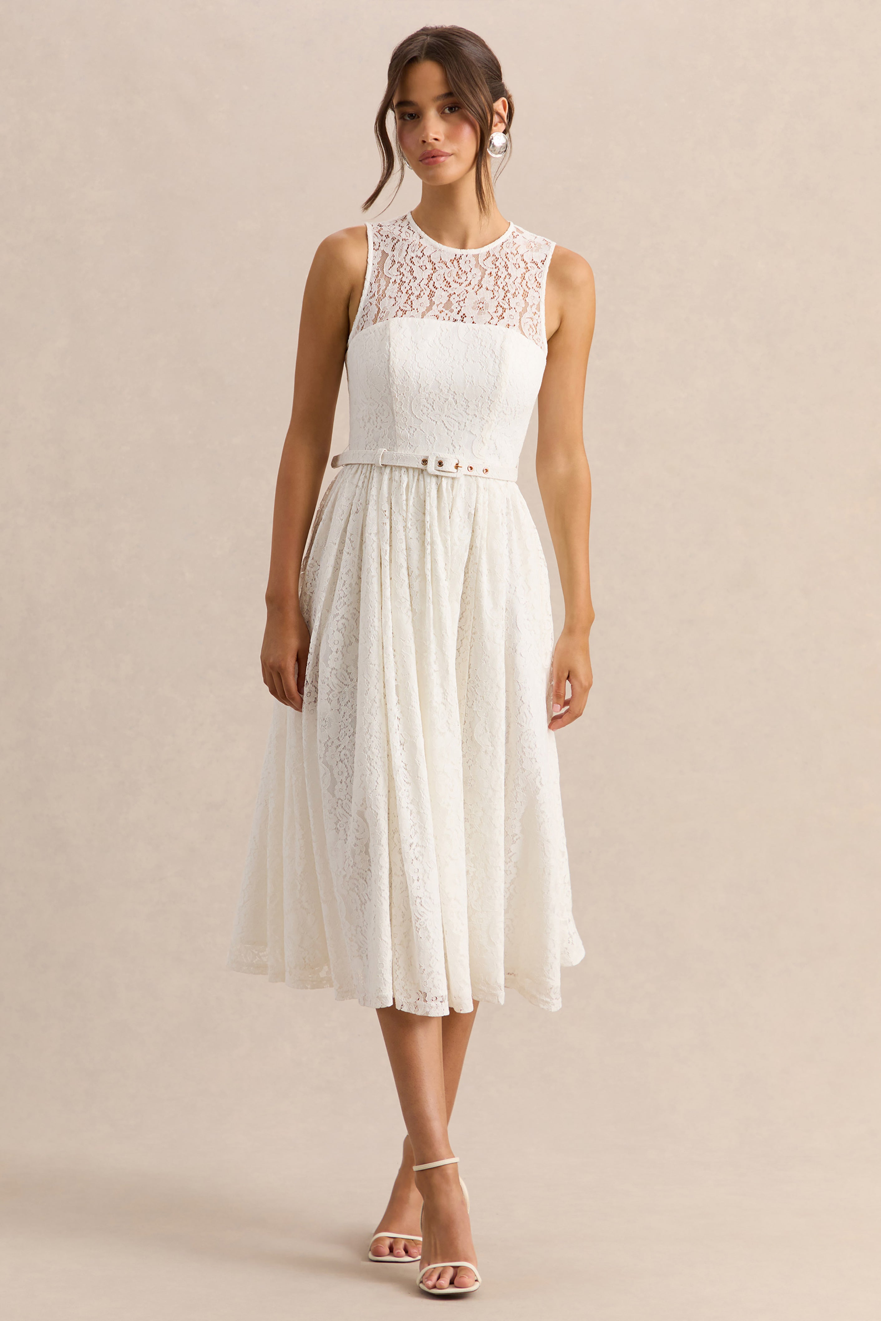 Anabella | White Lace Crew-Neck Belted Midi-Dress