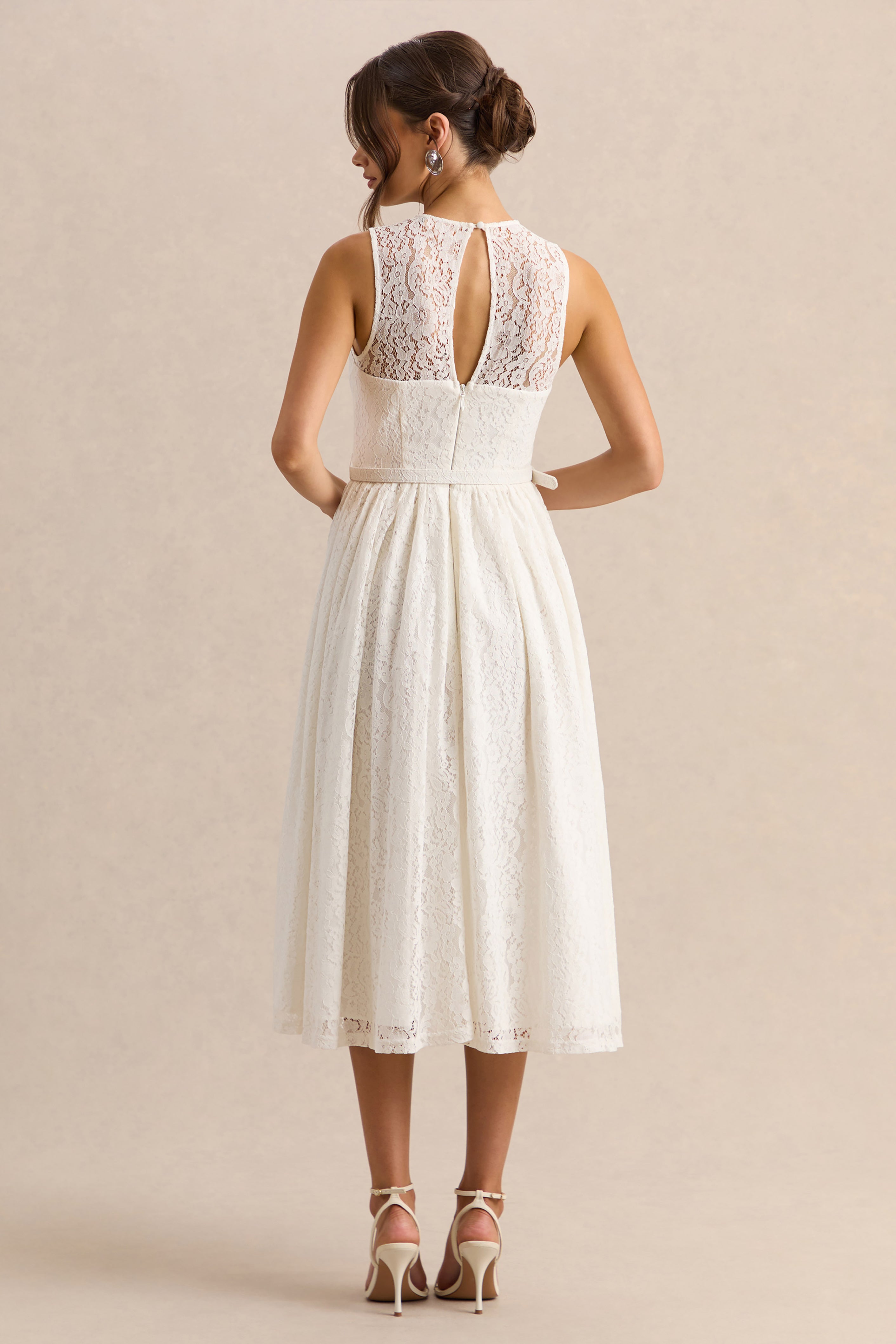 Anabella | White Lace Crew-Neck Belted Midi-Dress