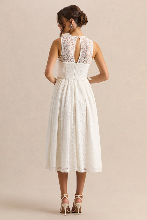 Anabella | White Lace Crew-Neck Belted Midi-Dress