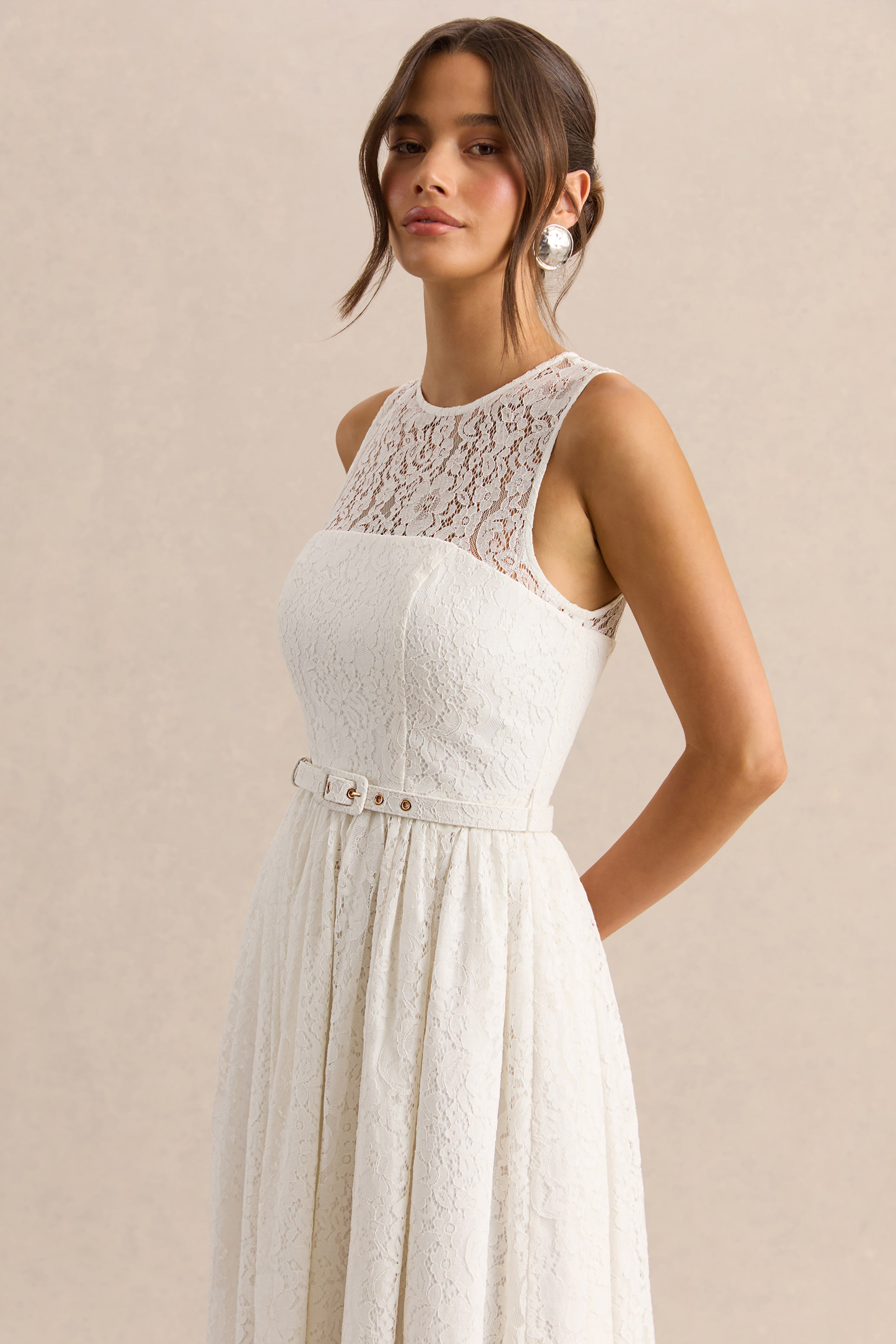 Anabella | White Lace Crew-Neck Belted Midi-Dress