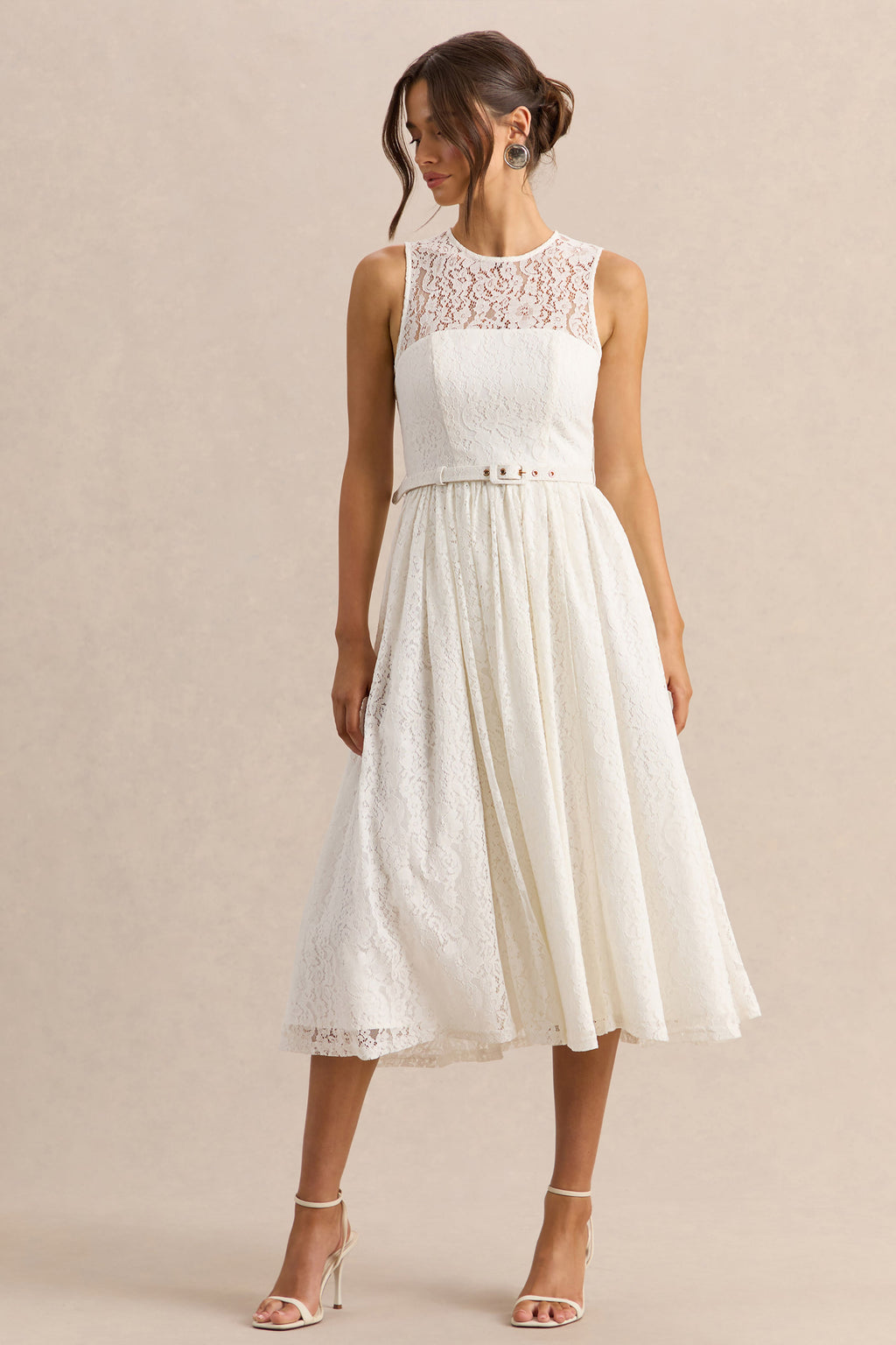 Anabella | White Lace Crew-Neck Belted Midi-Dress