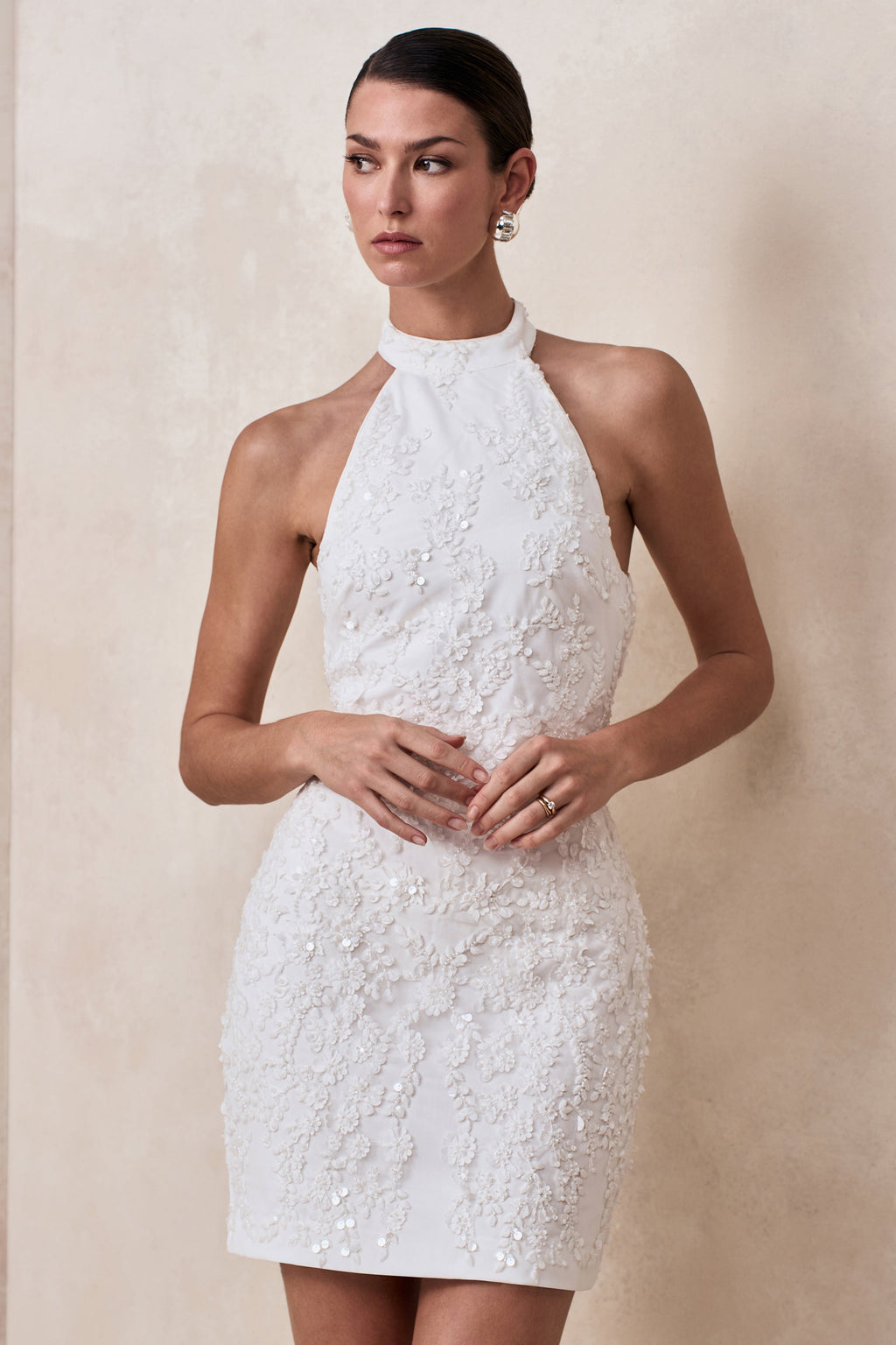 Penelope | White Embellished High Neck Mini Dress