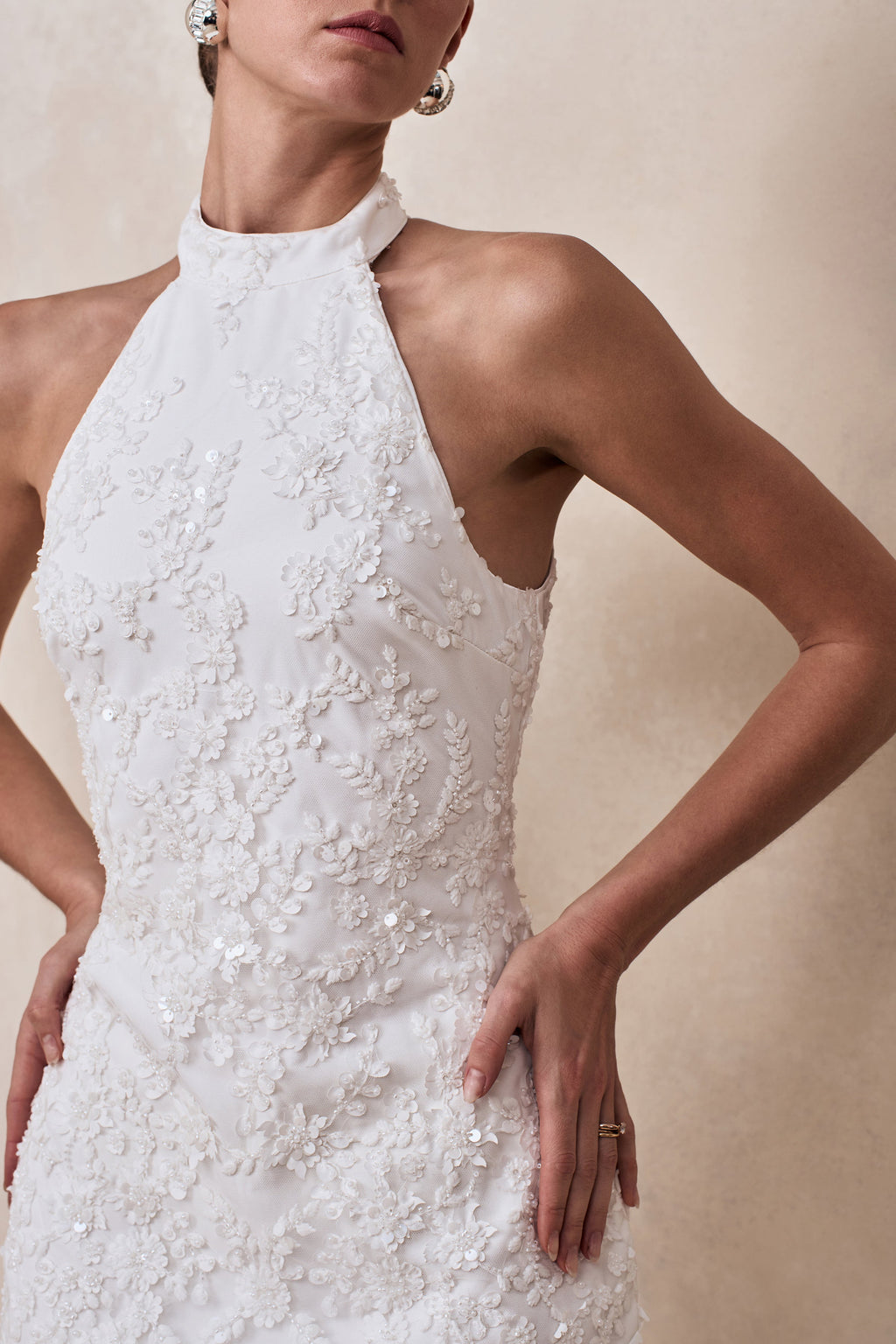 Penelope | White Embellished High Neck Mini Dress