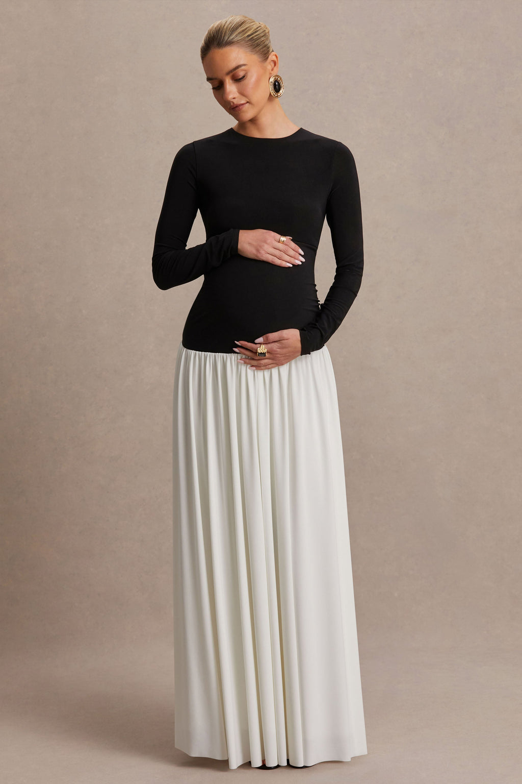 Monroe | Black And White Crew-Neck Maternity Maxi Dress With Drop-Waist
