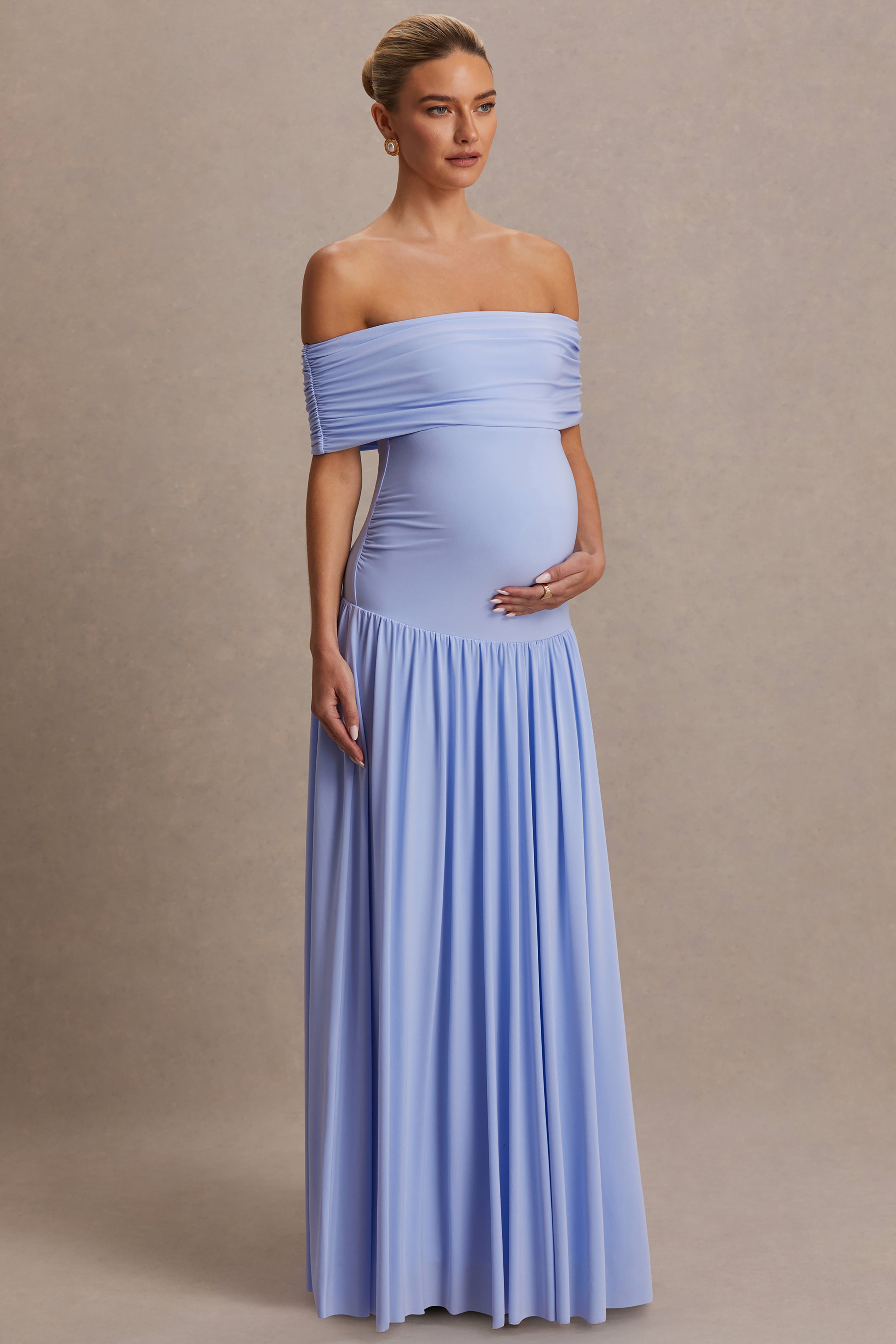Juliette | Powder Blue Bardot-Neck Maternity Maxi Dress With Drop-Waist