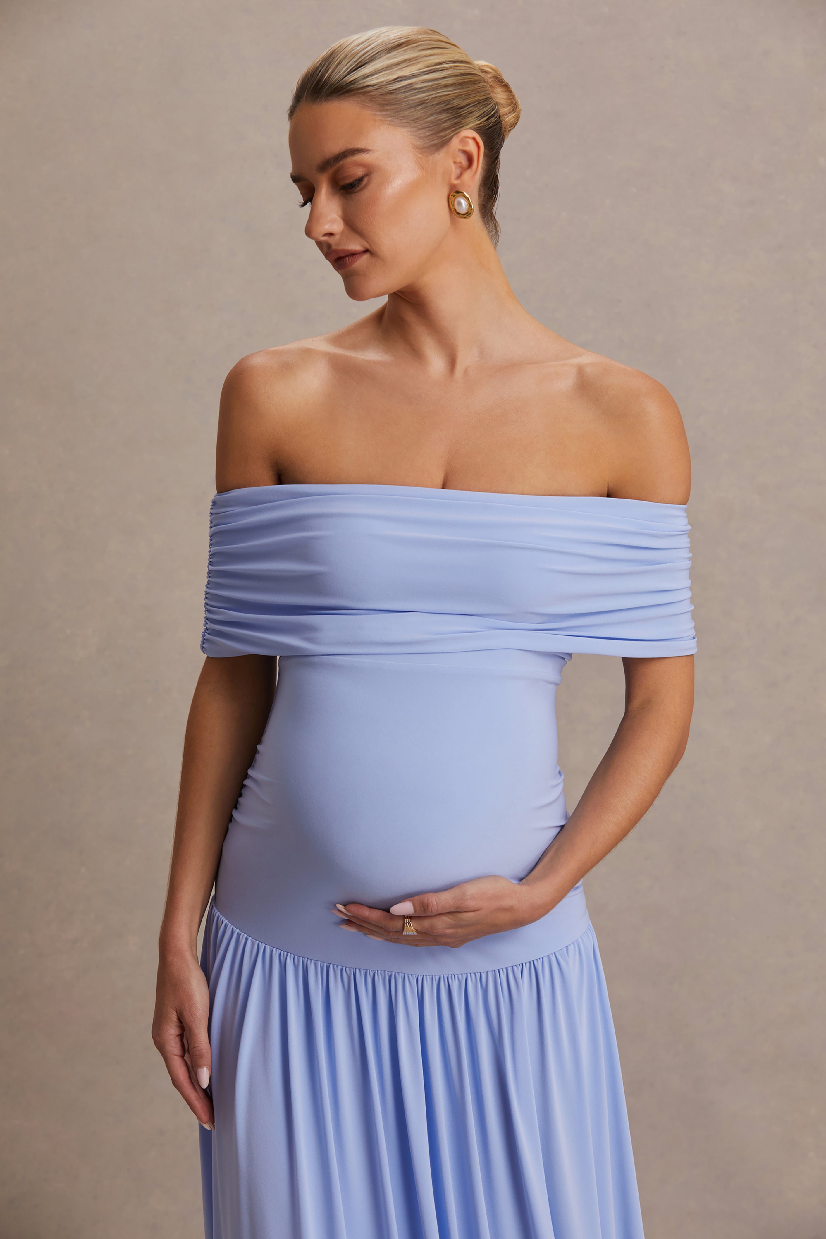 Juliette | Powder Blue Bardot-Neck Maternity Maxi Dress With Drop-Waist