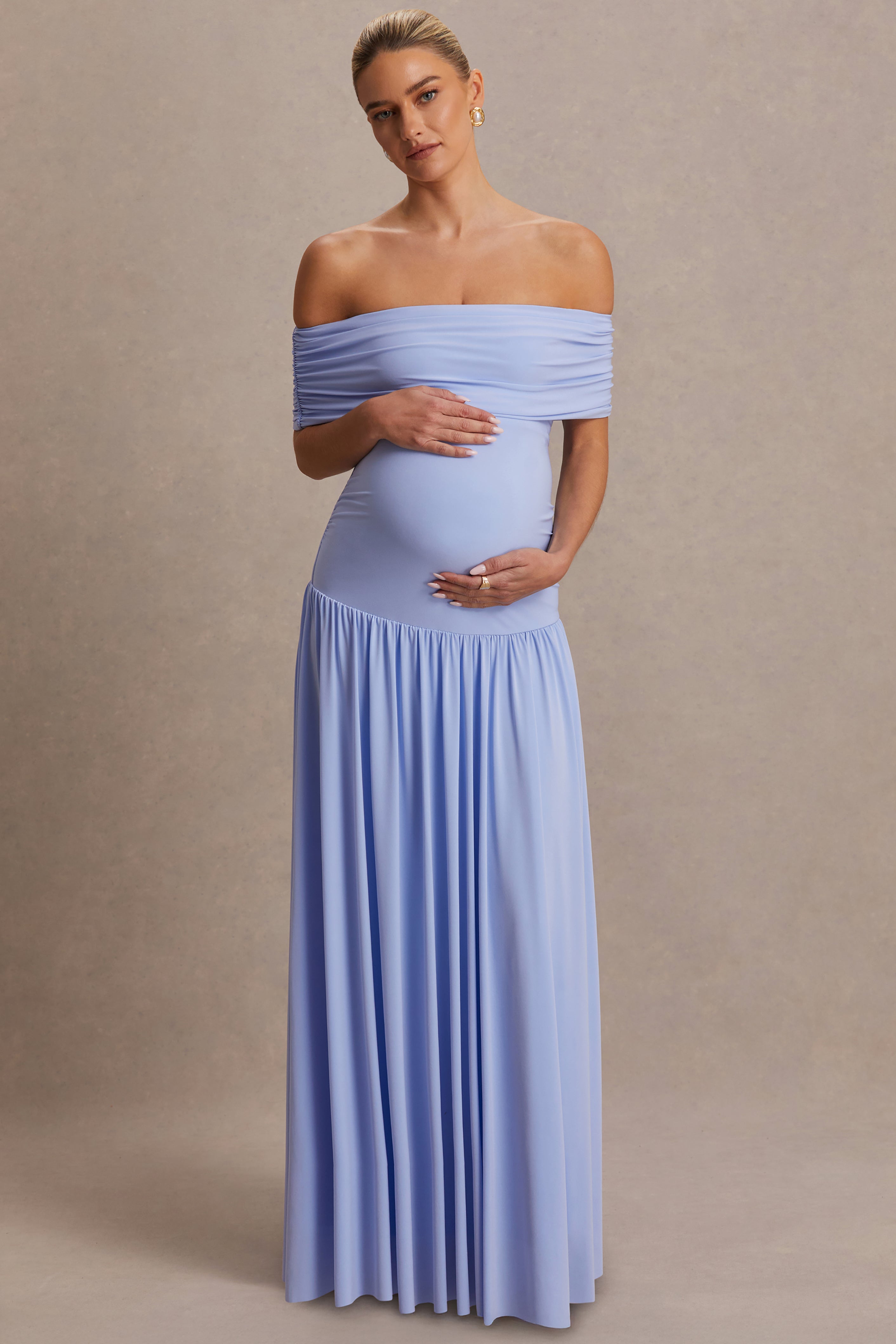 Juliette | Powder Blue Bardot-Neck Maternity Maxi Dress With Drop-Waist