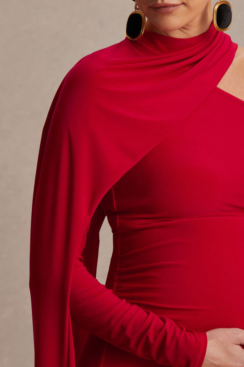 Tessy | Red Asymmetric-Neck Maternity Maxi Dress With Cape-Sleeve