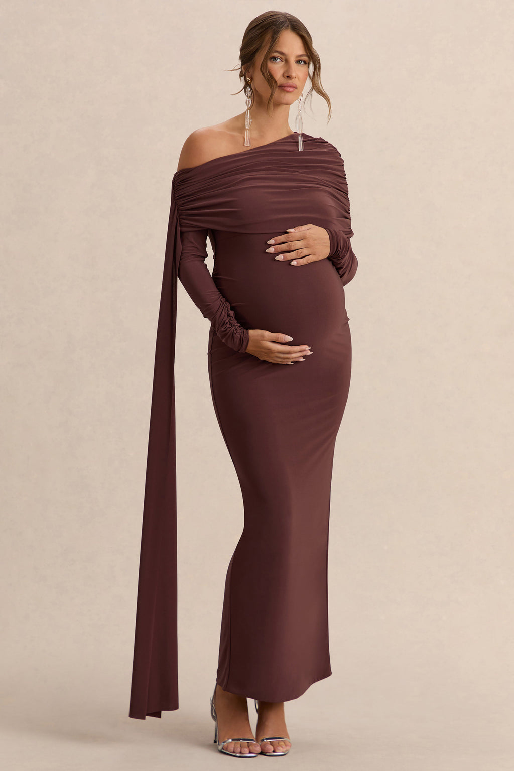 Cyra | Brown Asymmetric-Neck Maternity Maxi Dress With Sash