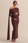 Cyra | Brown Asymmetric-Neck Maternity Maxi Dress With Sash