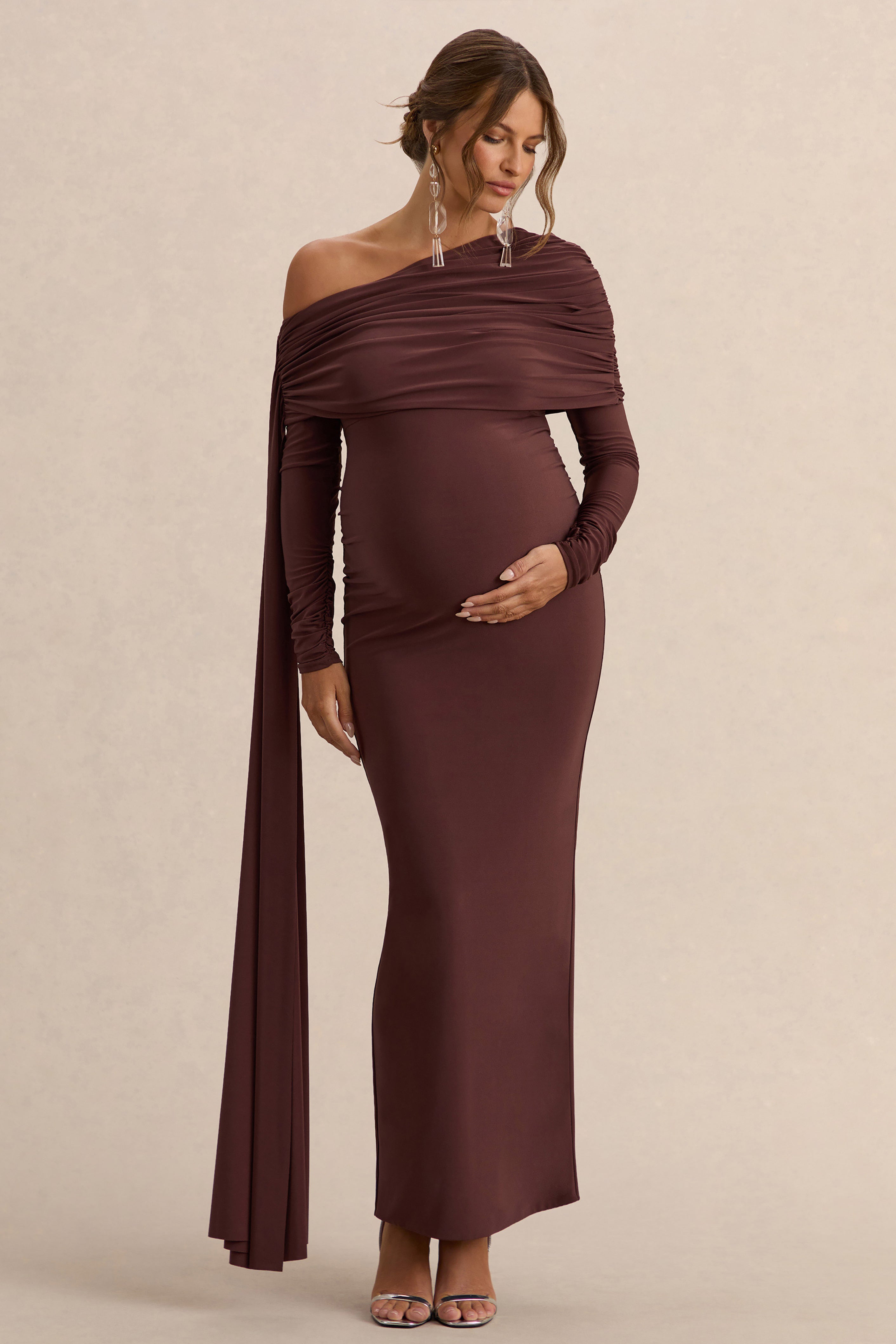 Cyra | Brown Asymmetric-Neck Maternity Maxi Dress With Sash