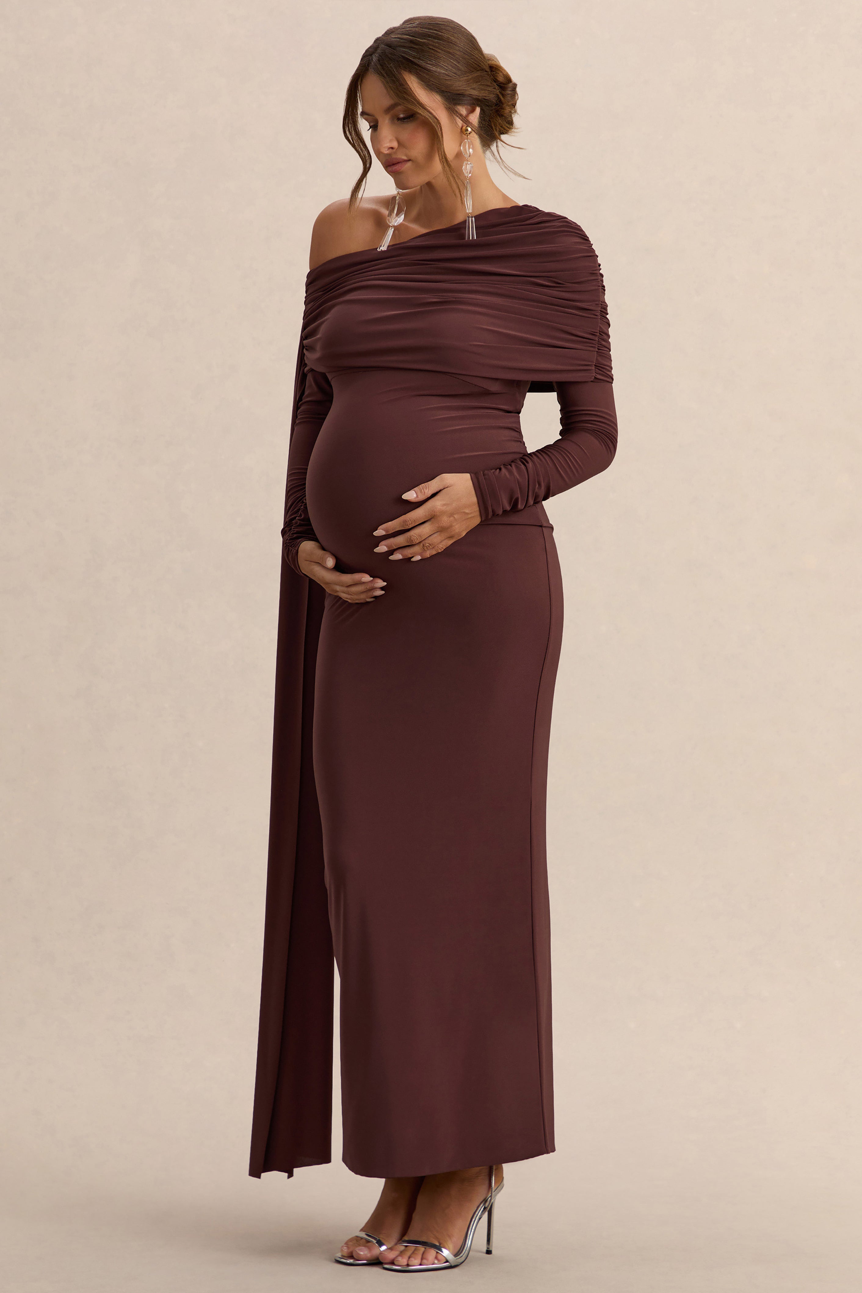 Cyra | Brown Asymmetric-Neck Maternity Maxi Dress With Sash
