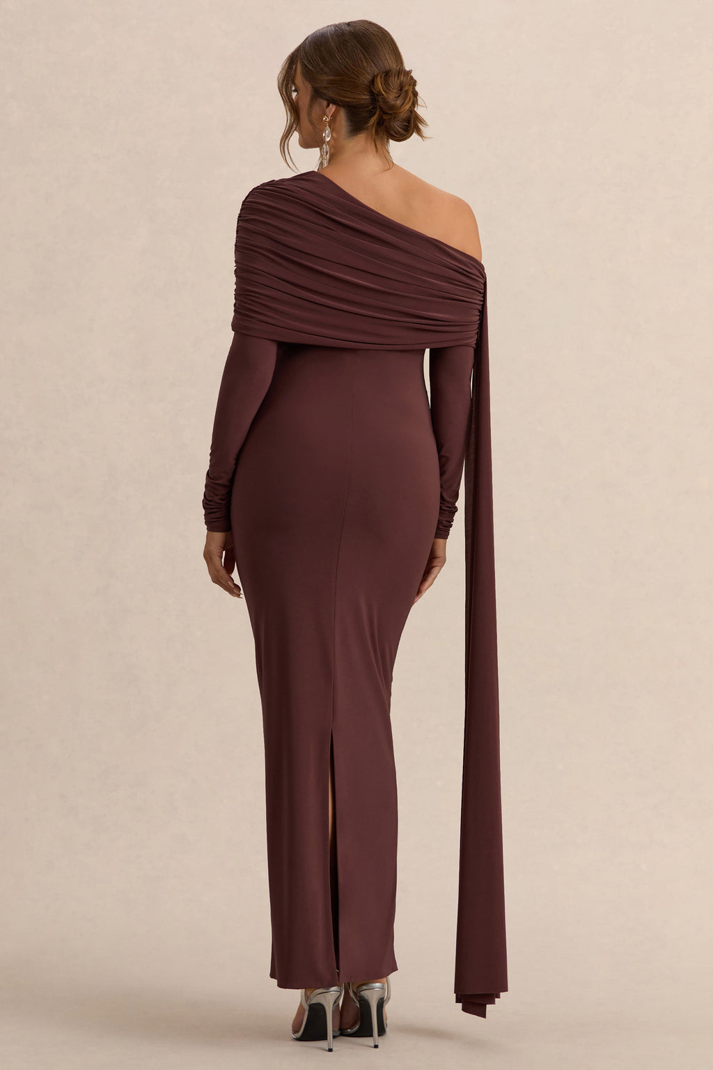 Cyra | Brown Asymmetric-Neck Maternity Maxi Dress With Sash