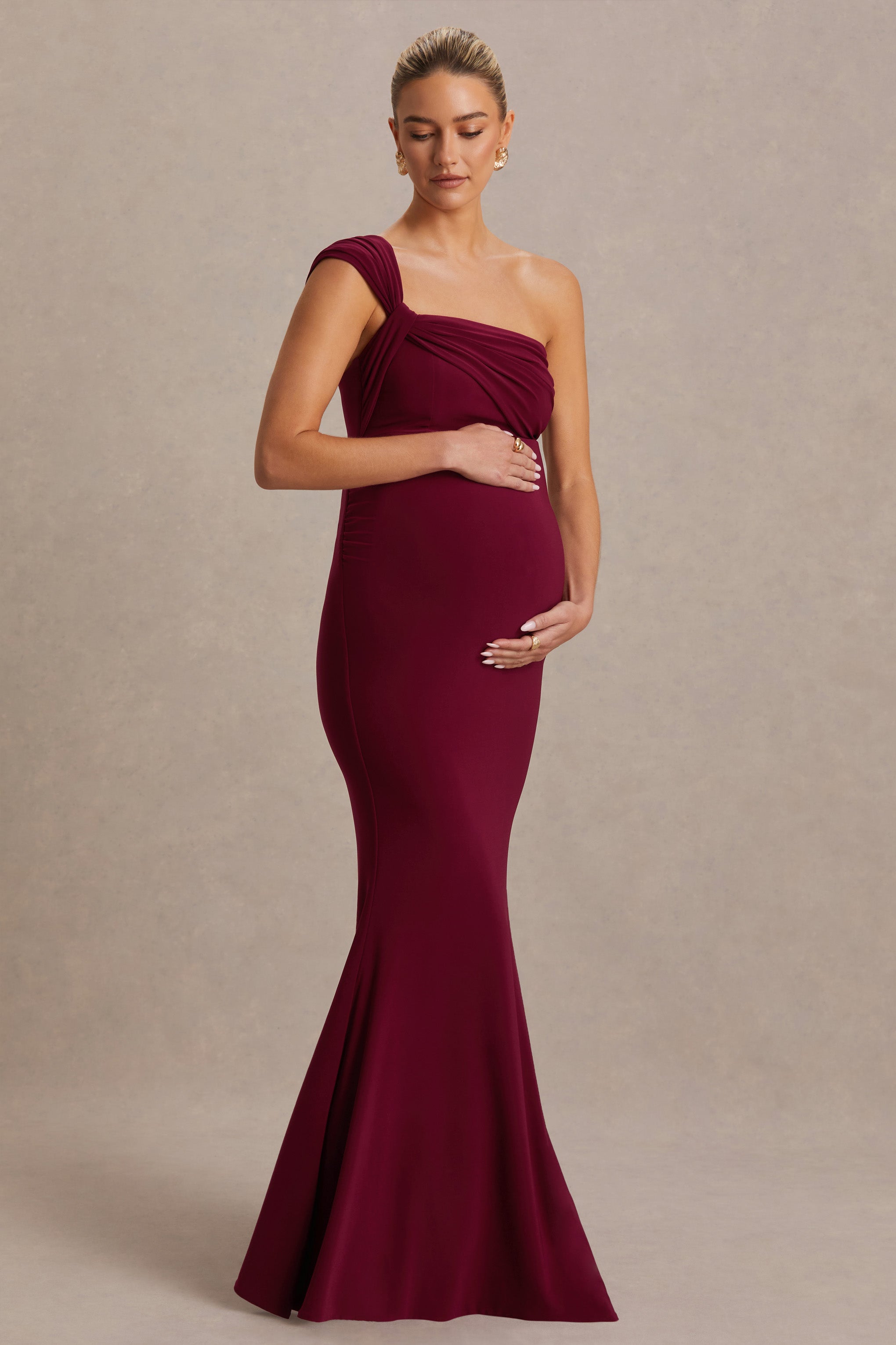 Mila | Burgundy Asymmetric-Neck Maternity Maxi Dress
