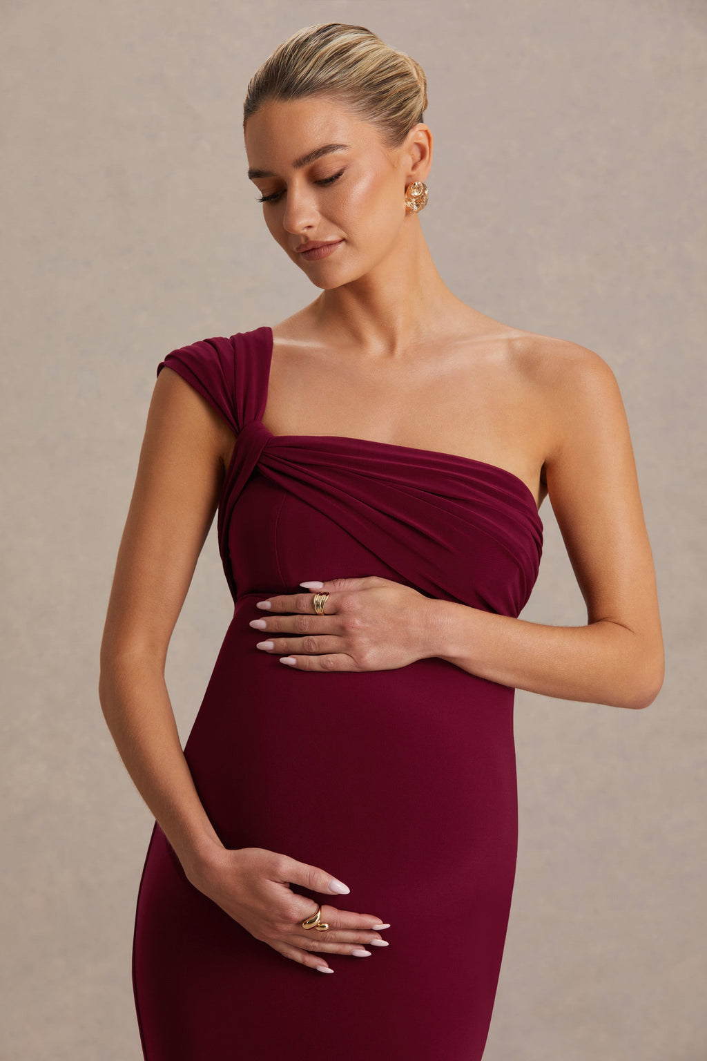 Mila | Burgundy Asymmetric-Neck Maternity Maxi Dress