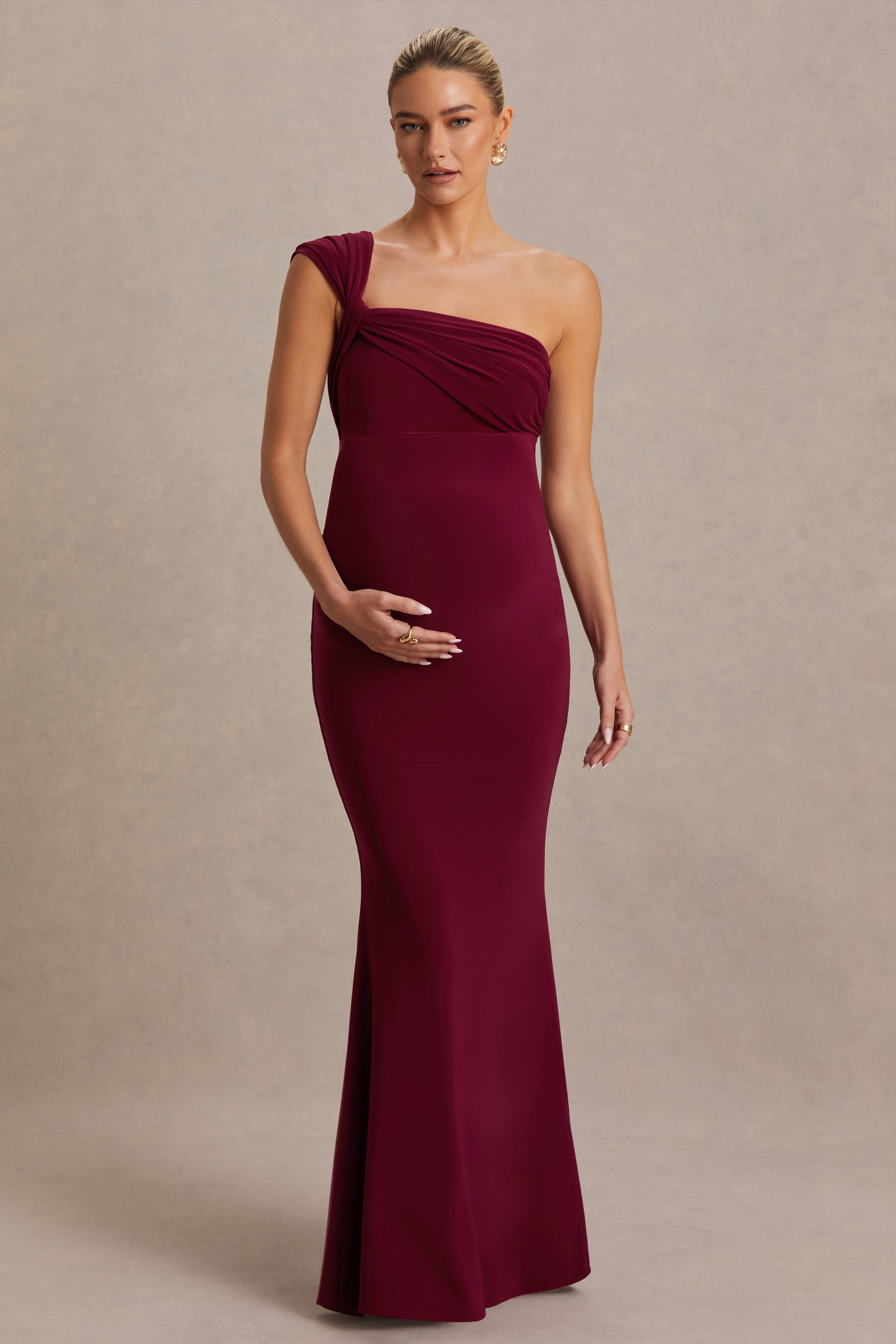 Mila | Burgundy Asymmetric-Neck Maternity Maxi Dress