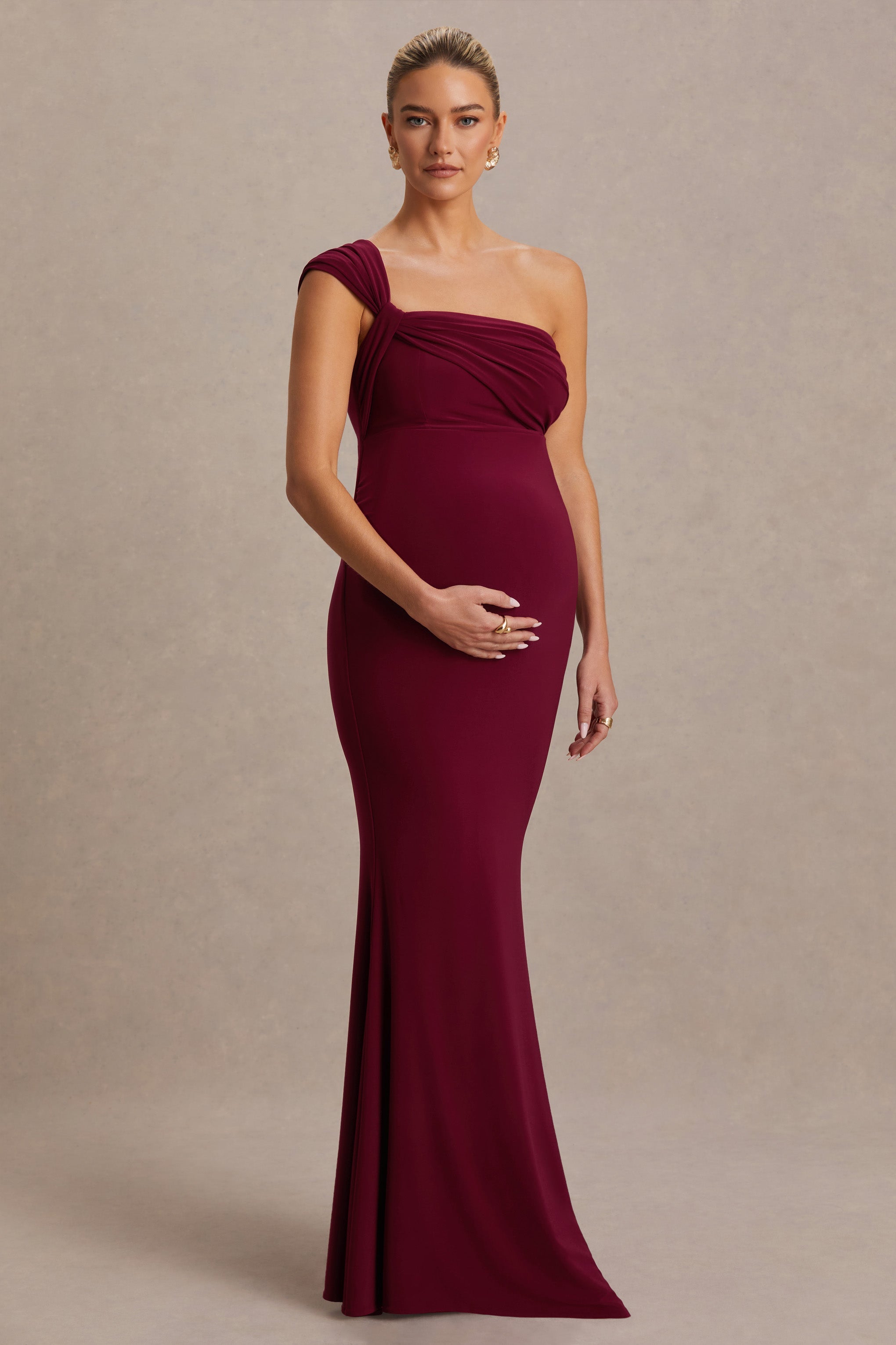 Mila | Burgundy Asymmetric-Neck Maternity Maxi Dress