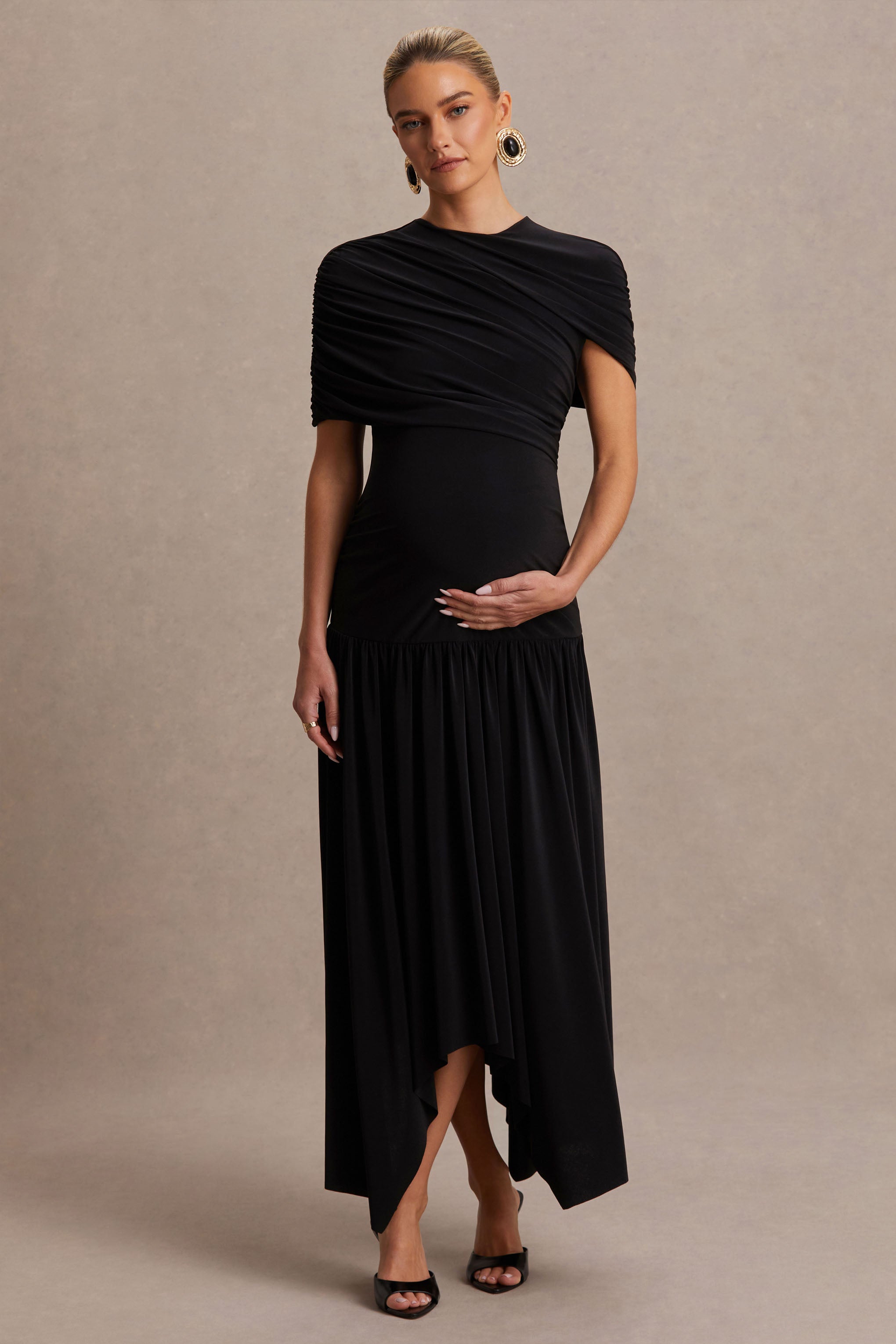 Eleni | Black Crew-Neck Maxi Dress With Cape-Sleeves And Drop Waist