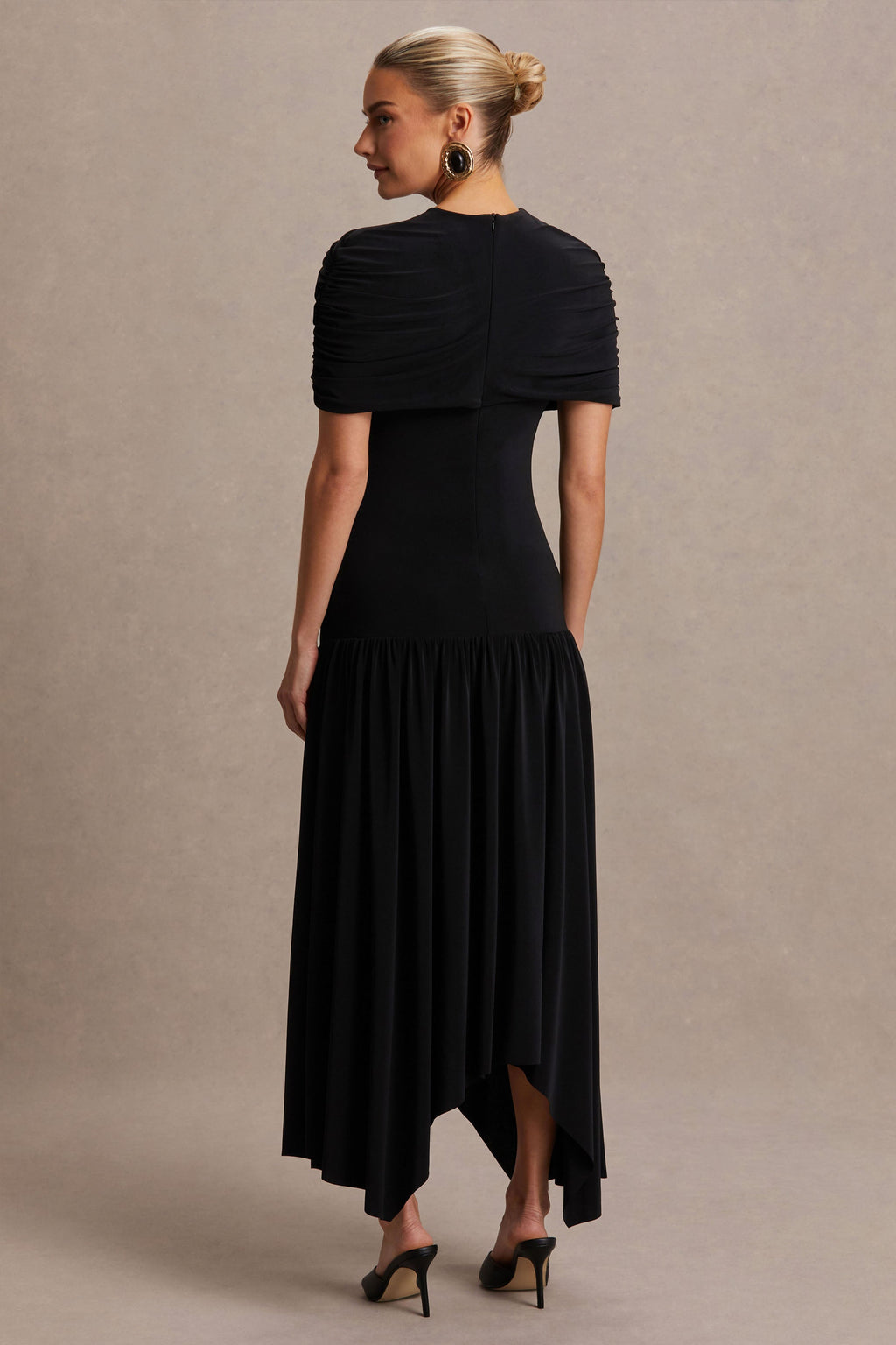 Eleni | Black Crew-Neck Maxi Dress With Cape-Sleeves And Drop Waist