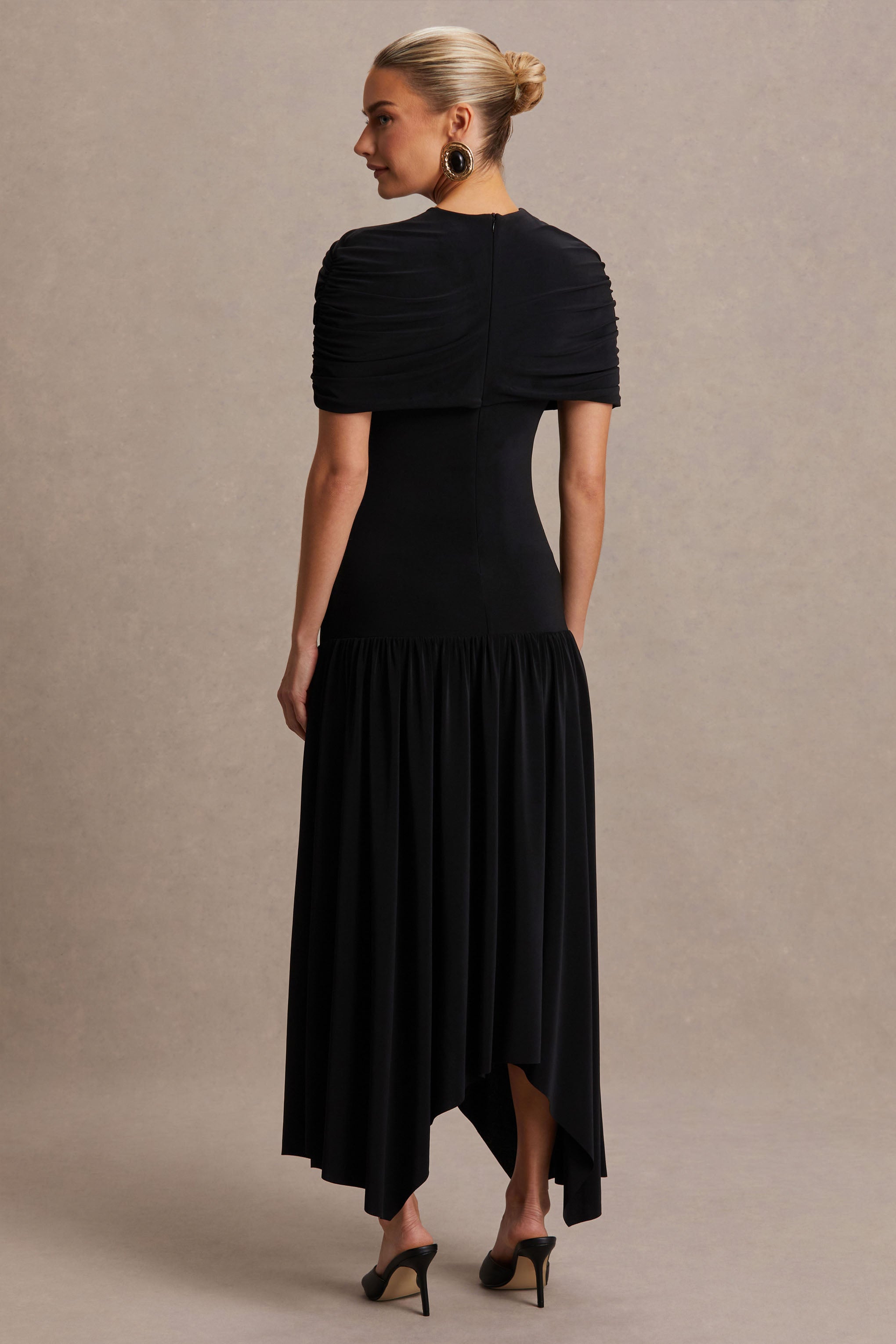 Eleni | Black Crew-Neck Maxi Dress With Cape-Sleeves And Drop Waist