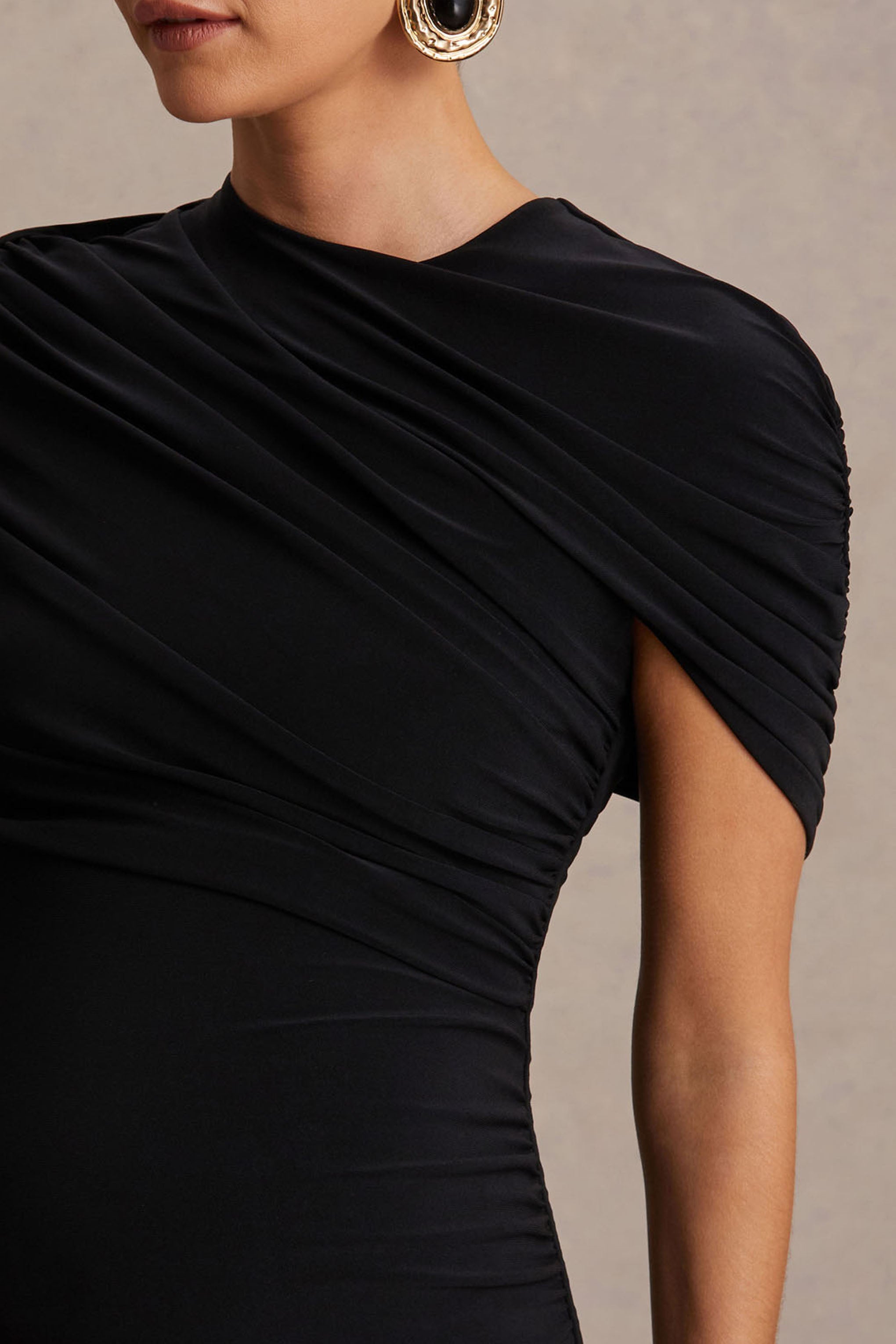 Eleni | Black Crew-Neck Maxi Dress With Cape-Sleeves And Drop Waist
