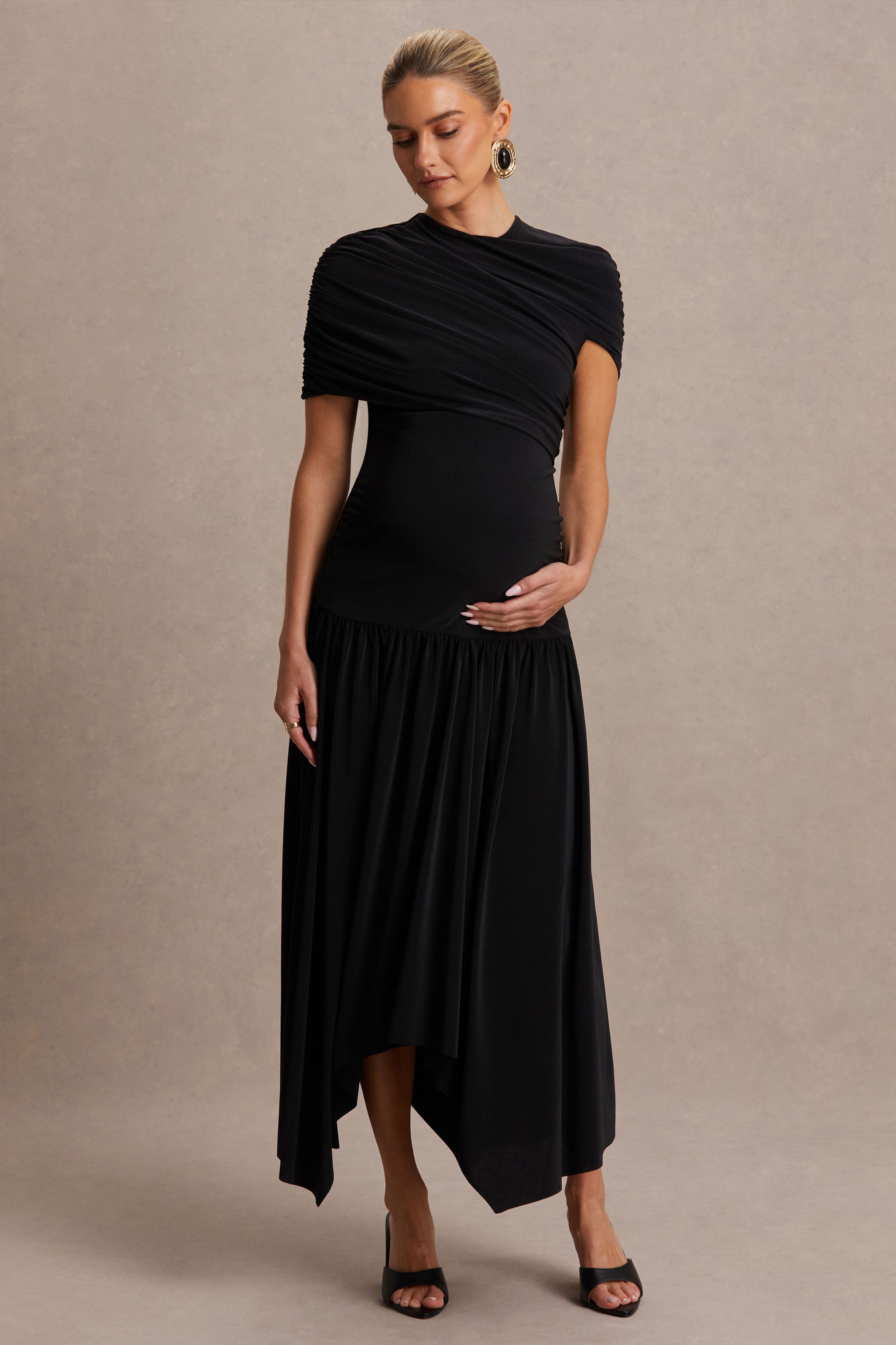 Eleni | Black Crew-Neck Maxi Dress With Cape-Sleeves And Drop Waist