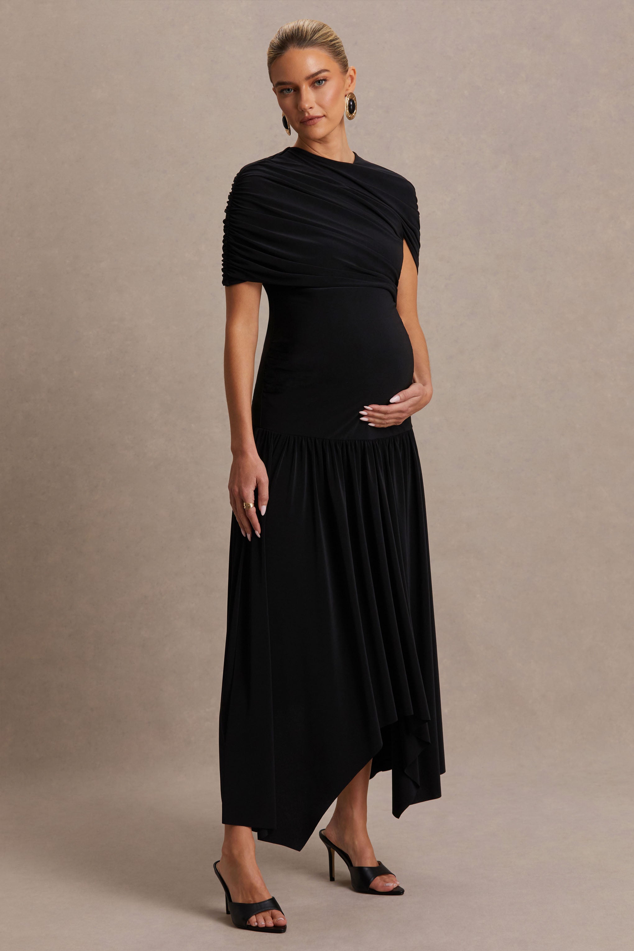 Eleni | Black Crew-Neck Maxi Dress With Cape-Sleeves And Drop Waist