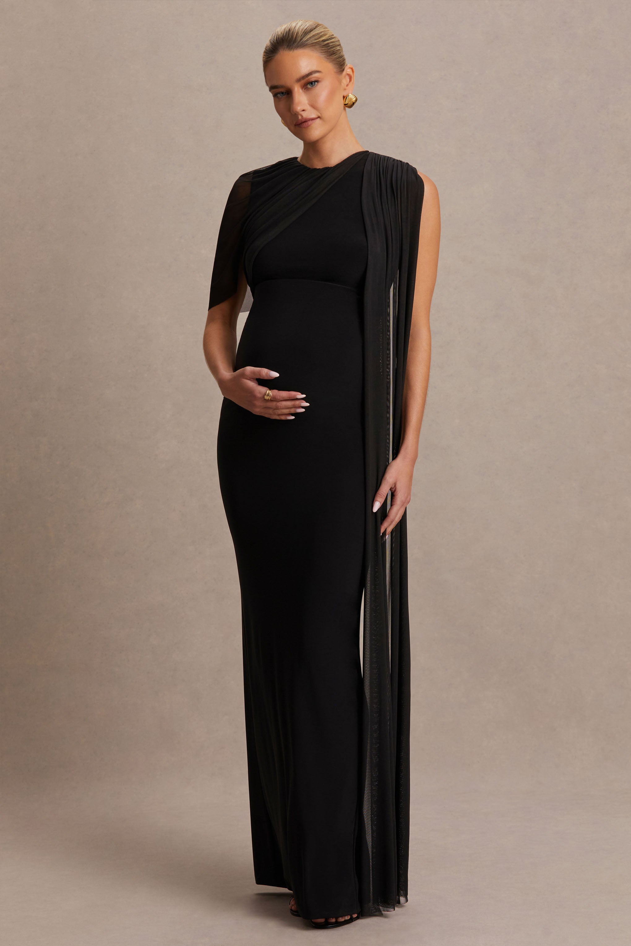 Amelise | Black High-Neck Maternity Maxi Dress With Mesh-Cape Sleeve And Sash Detail